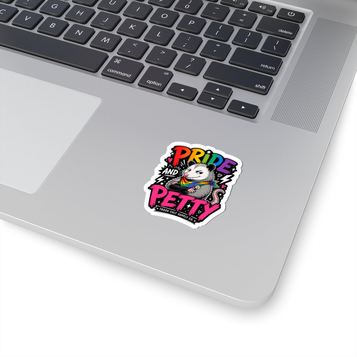 Pride and Petty Kiss-Cut Sticker — Rainbow Opossum LGBTQ+ Decorative Decal
