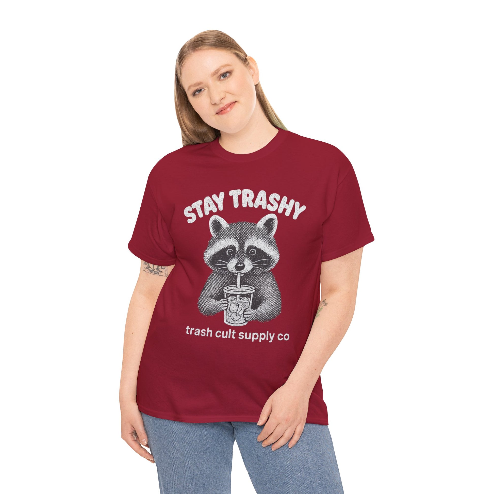 Stay Trashy Raccoon Iced Coffee Shirt – Halftone All White Design | Trash Cult Supply Co.