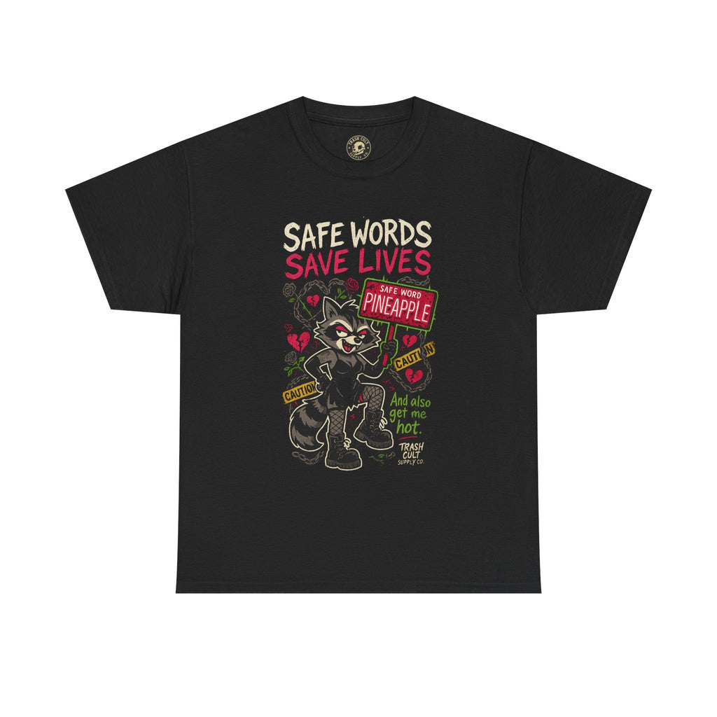 Safe Words Save Lives Tee – Trashcore BDSM Humor Shirt, Pineapple Consent Raccoon Graphic – Gildan 5000 Unisex Heavy Cotton