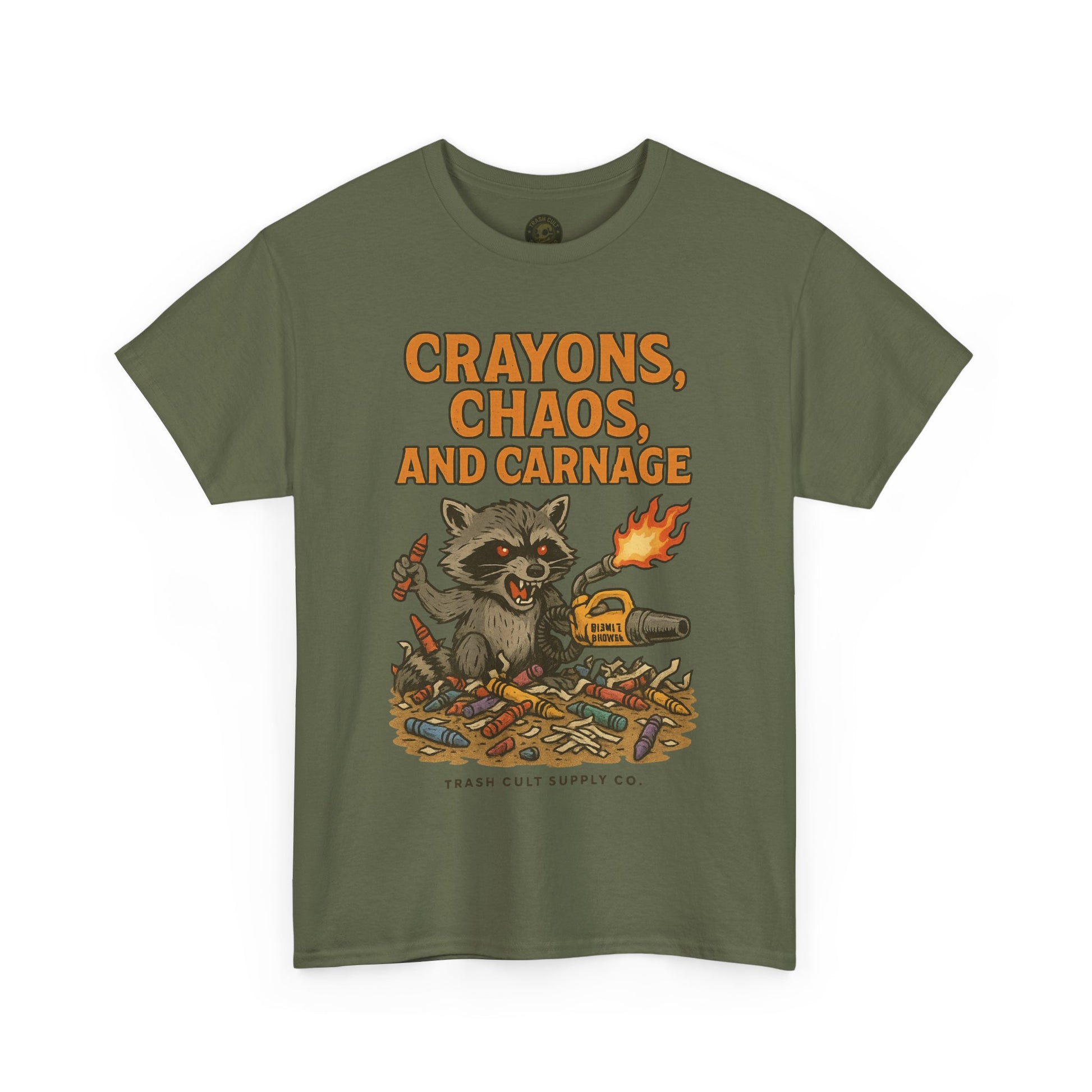 Crayons, Chaos, and Carnage T-Shirt – Dark Humor Raccoon Graphic | Trash Cult Supply Co. | Gildan 5000 Tee