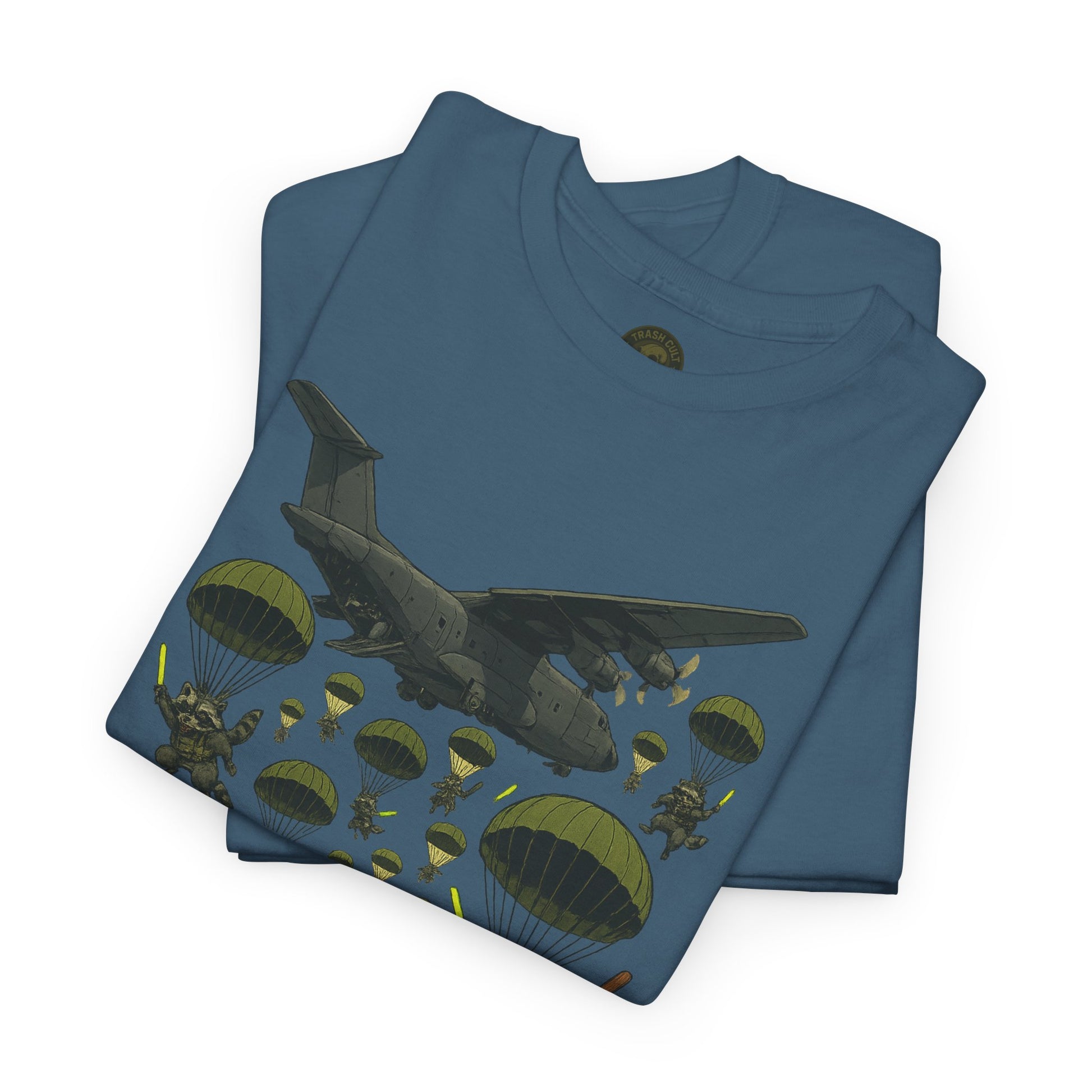 Deploy the Ferals T-Shirt – Airborne Raccoon Drop Graphic | Trash Cult Supply Co. | Gildan 5000 Heavy Cotton Tee