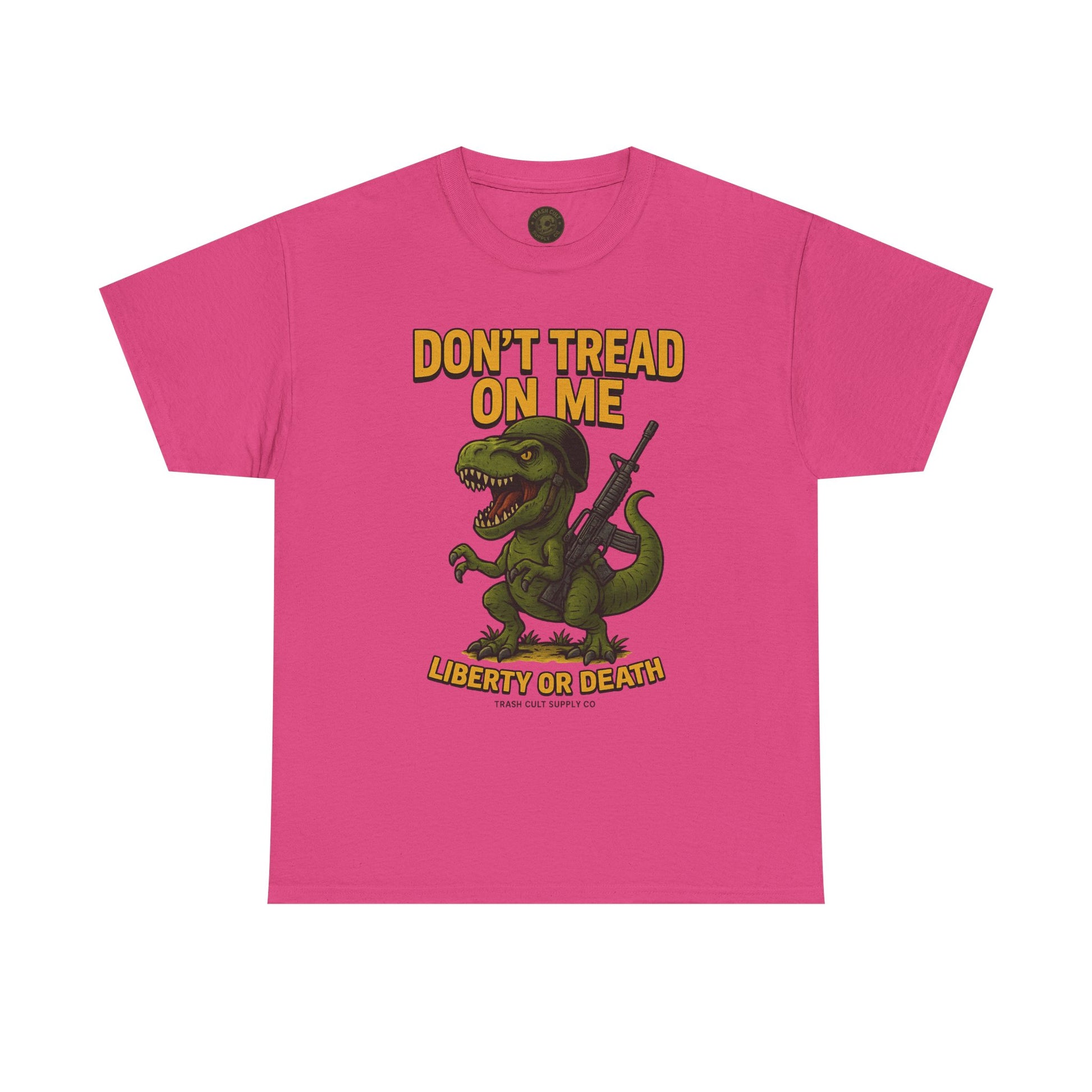 Don’t Tread On Me T-Rex T-Shirt – Liberty or Death Graphic | Trash Cult Supply Co. | Gildan 5000 Heavy Cotton