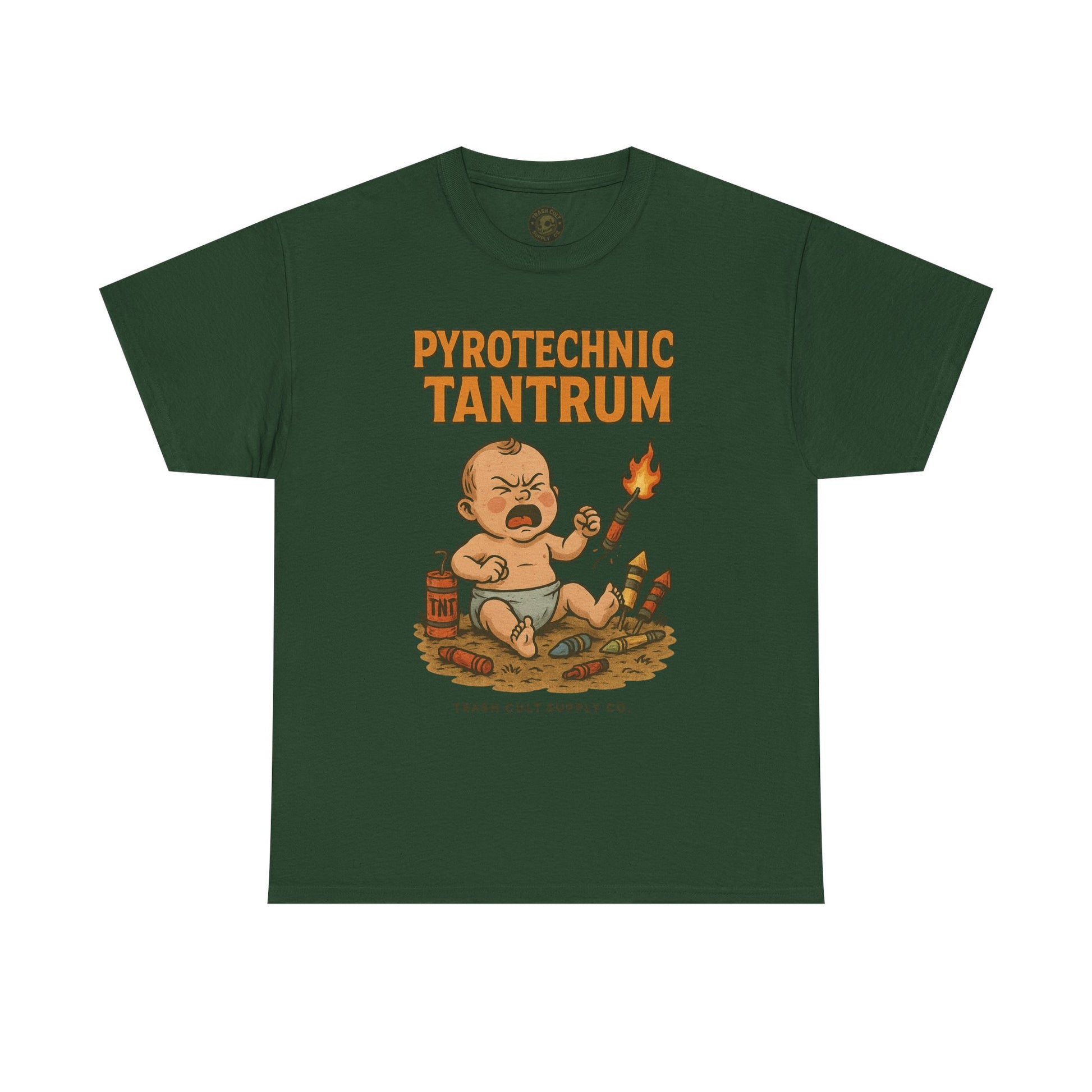 Pyrotechnic Tantrum T-Shirt – Explosive Baby Humor Graphic | Trash Cult Supply Co. | Gildan 5000 Tee