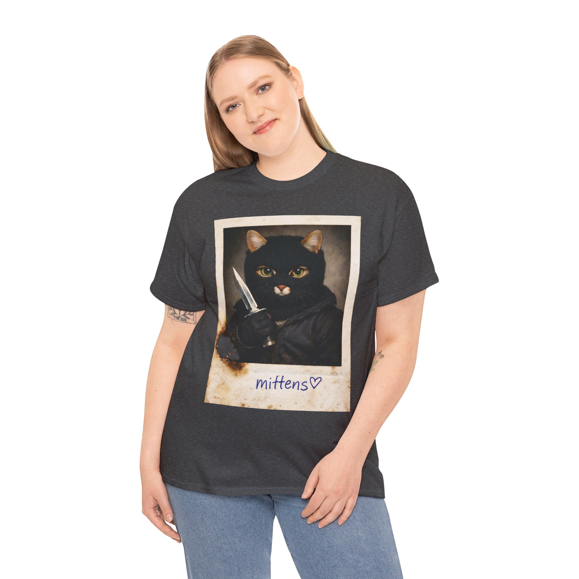 Cat With Knife Tee — "Mittens" Dark Humor Vintage Polaroid Graphic T-Shirt