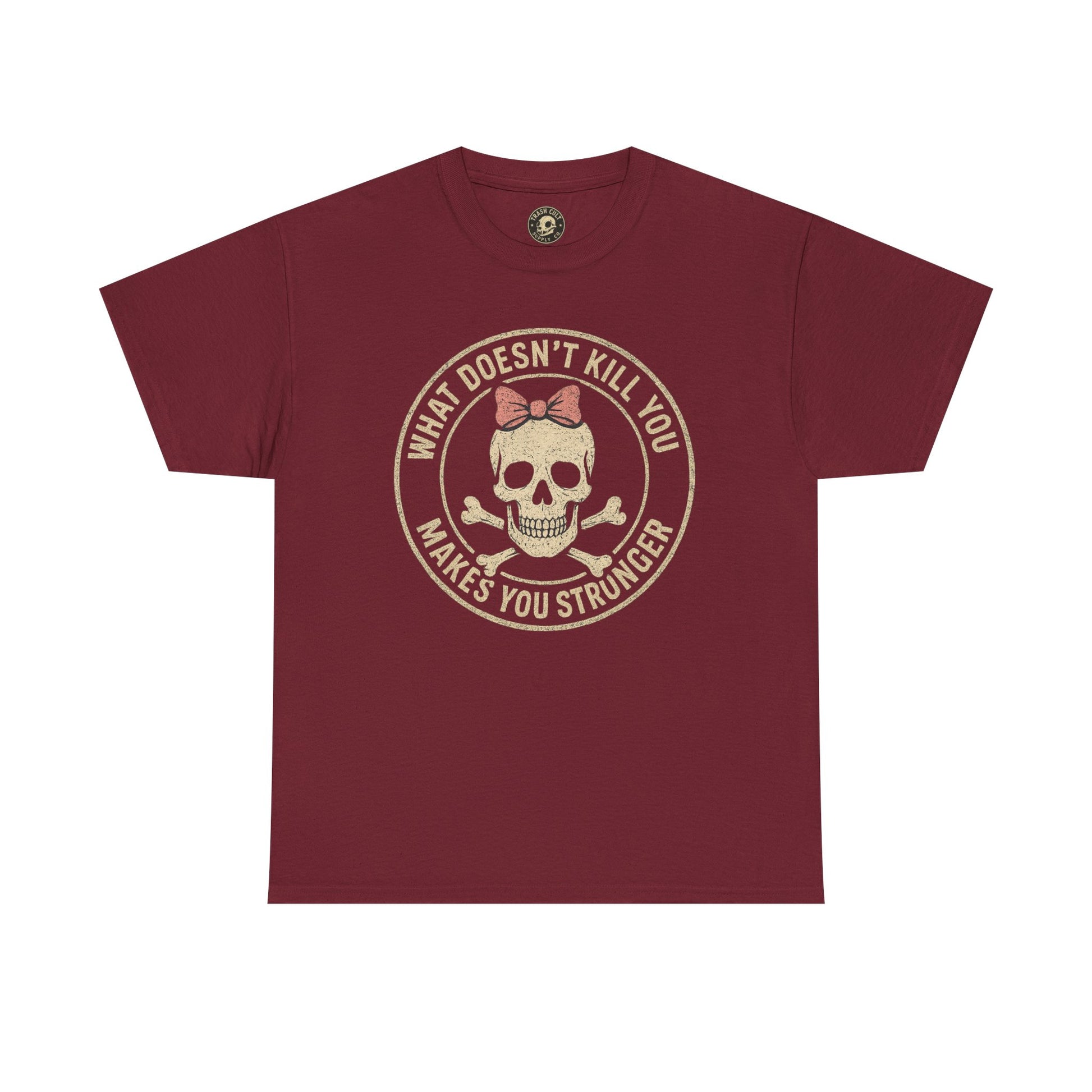 “What Doesn’t Kill You Makes You Stronger” Skull & Bow T-Shirt – Vintage Grunge Graphic | Gildan 5000