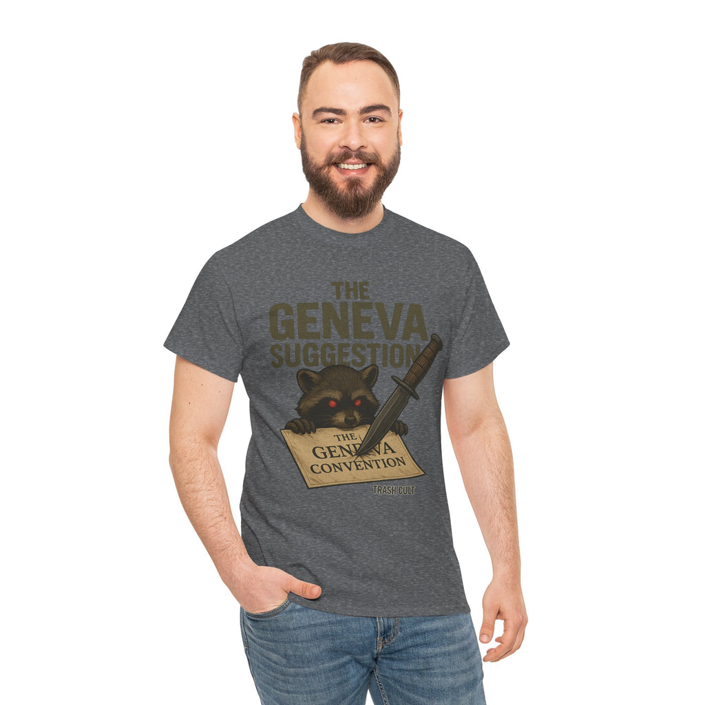 The Geneva Suggestion T-Shirt – Tactical Raccoon Dark Humor Tee | Trash Cult Supply Co. | Gildan 5000
