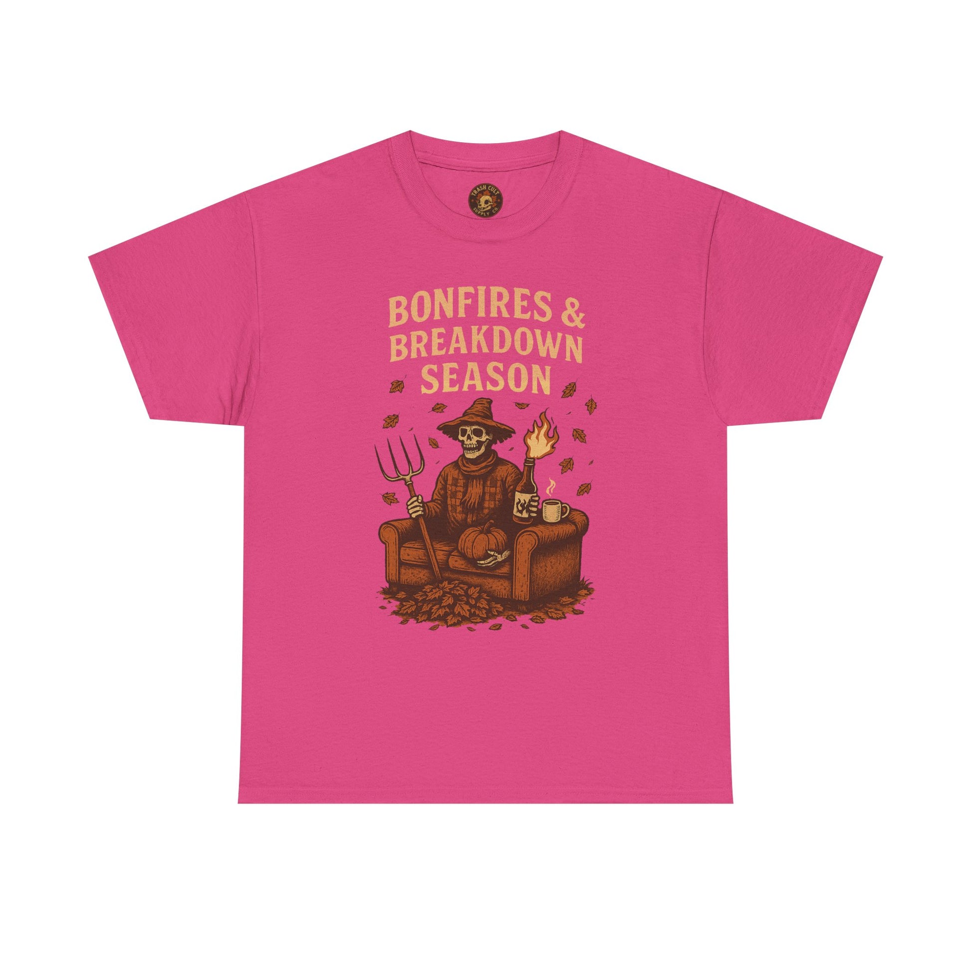 Bonfires & Breakdown Season Shirt – Skeleton Couch Chaos Tee – Fall of Humanity Collection – Trash Cult Supply Co.