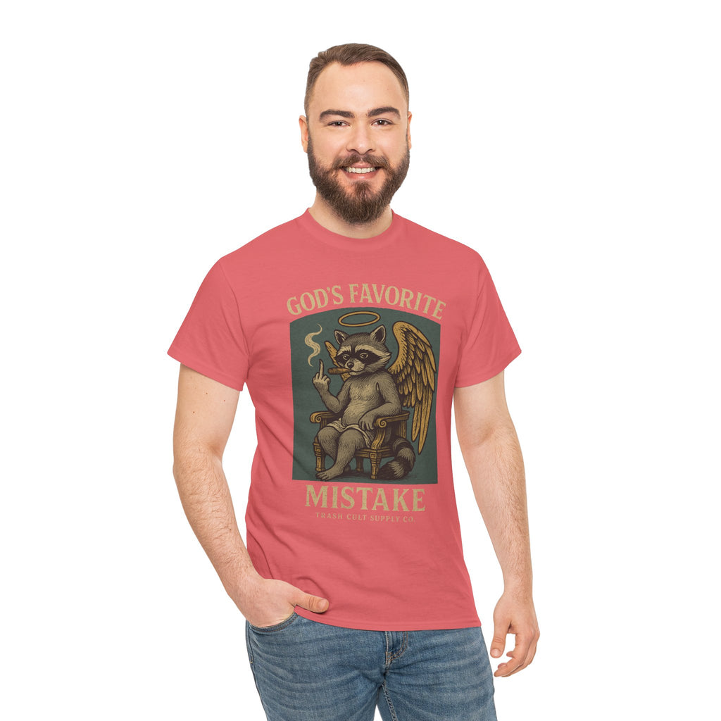 God’s Favorite Mistake Shirt – Raccoon Angel Flipping the Bird by Trash Cult Supply Co.