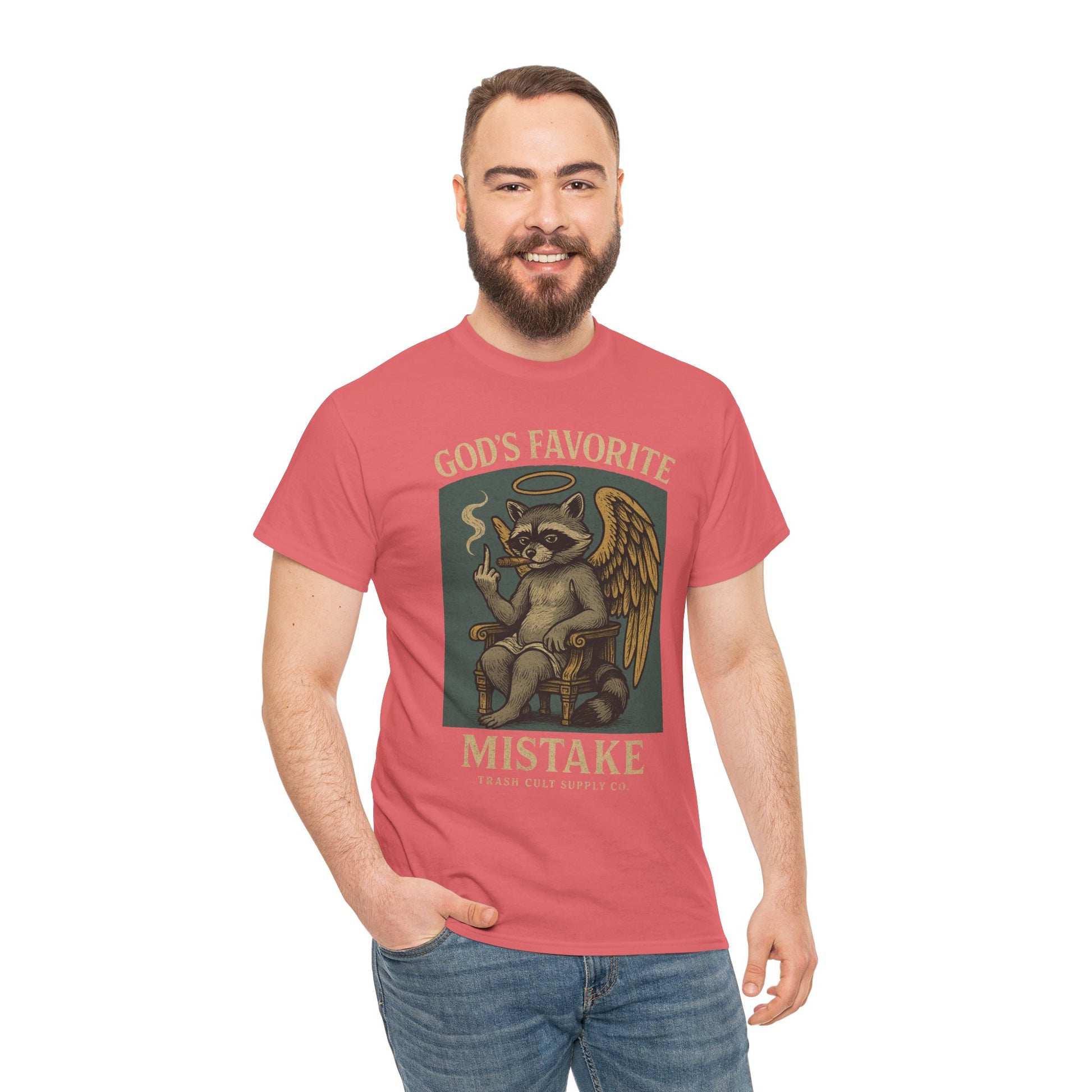 God’s Favorite Mistake Shirt – Raccoon Angel Flipping the Bird by Trash Cult Supply Co.
