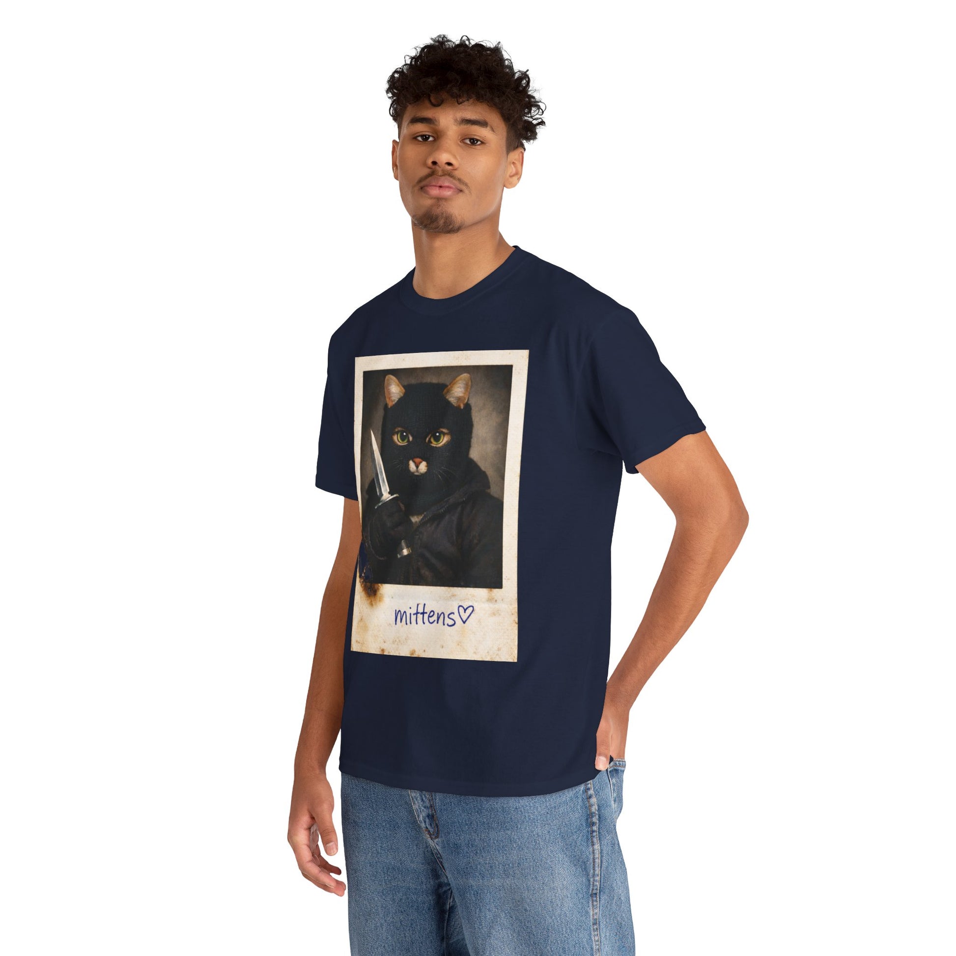 Cat With Knife Tee — "Mittens" Dark Humor Vintage Polaroid Graphic T-Shirt