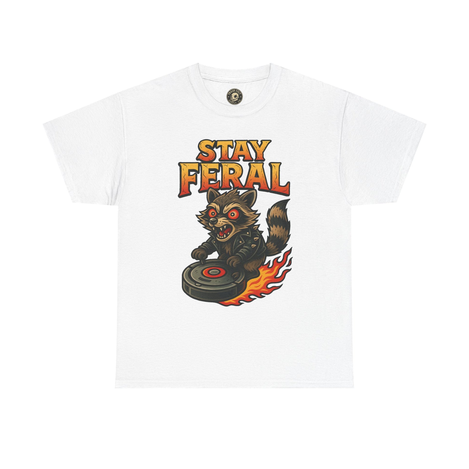Stay Feral Roomba Raccoon T-Shirt – Bold New School Tattoo Style | Trash Cult Supply Co