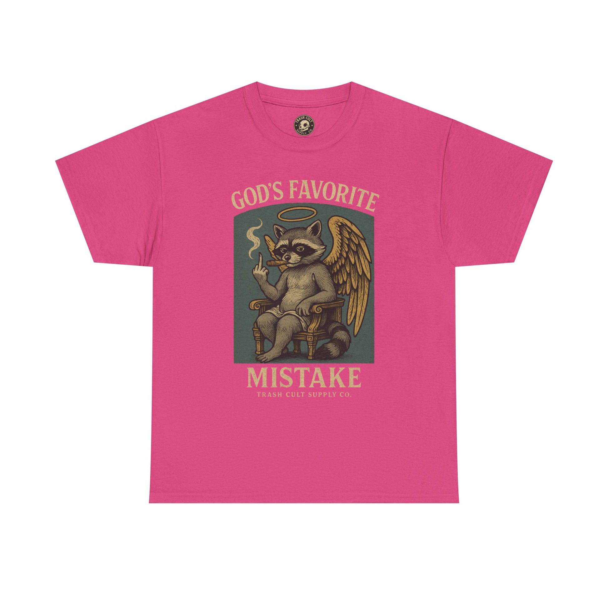 God’s Favorite Mistake Shirt – Raccoon Angel Flipping the Bird by Trash Cult Supply Co.