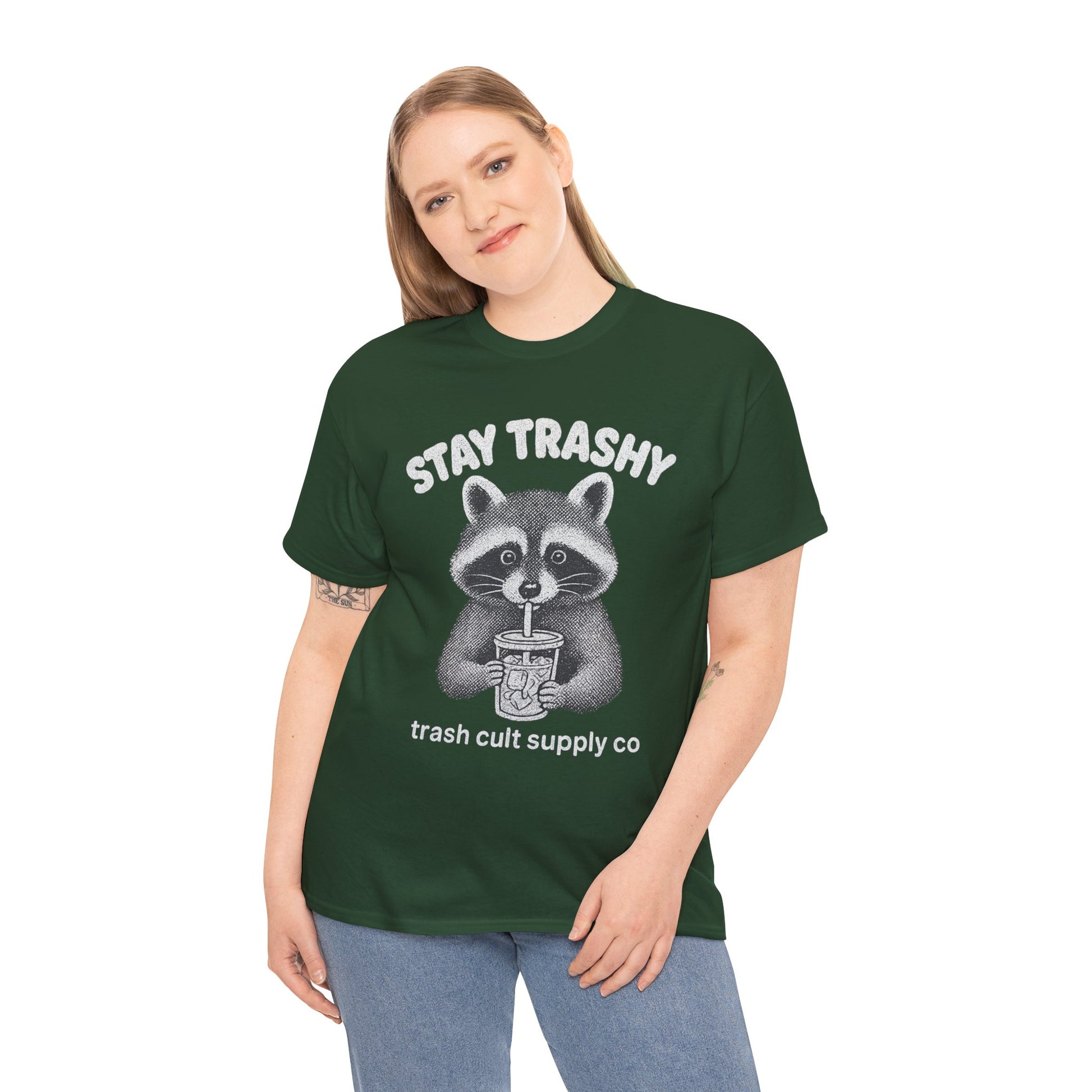 Stay Trashy Raccoon Iced Coffee Shirt – Halftone All White Design | Trash Cult Supply Co.