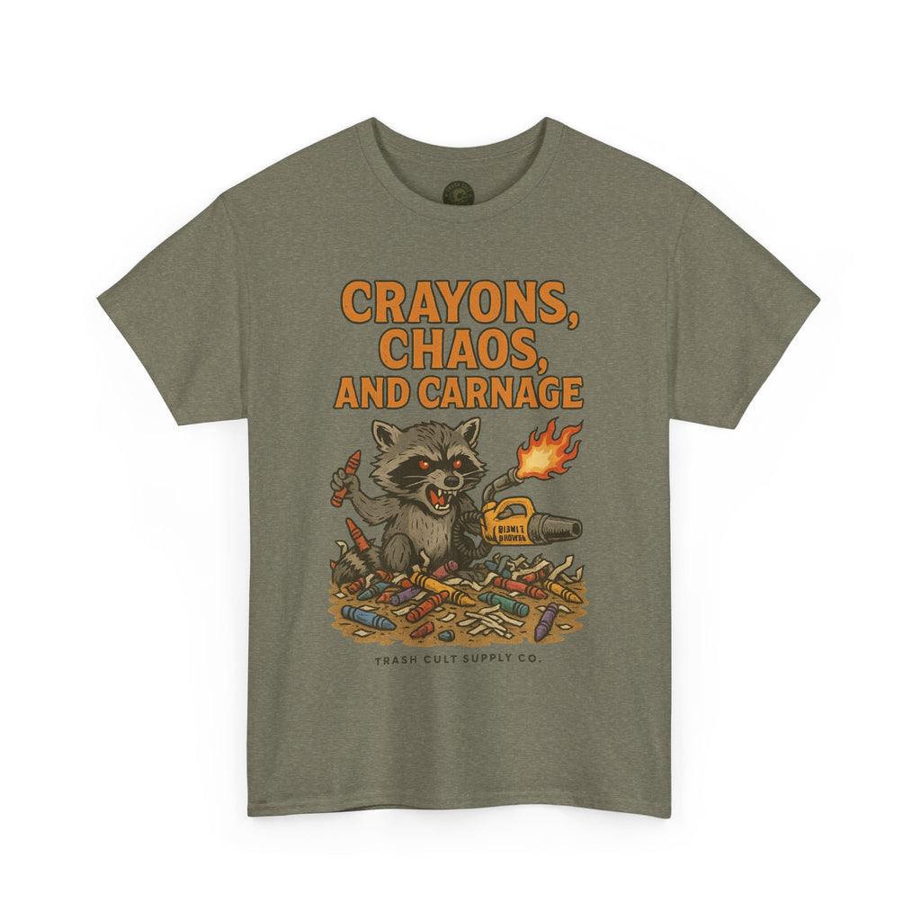 Crayons, Chaos, and Carnage T-Shirt – Dark Humor Raccoon Graphic | Trash Cult Supply Co. | Gildan 5000 Tee