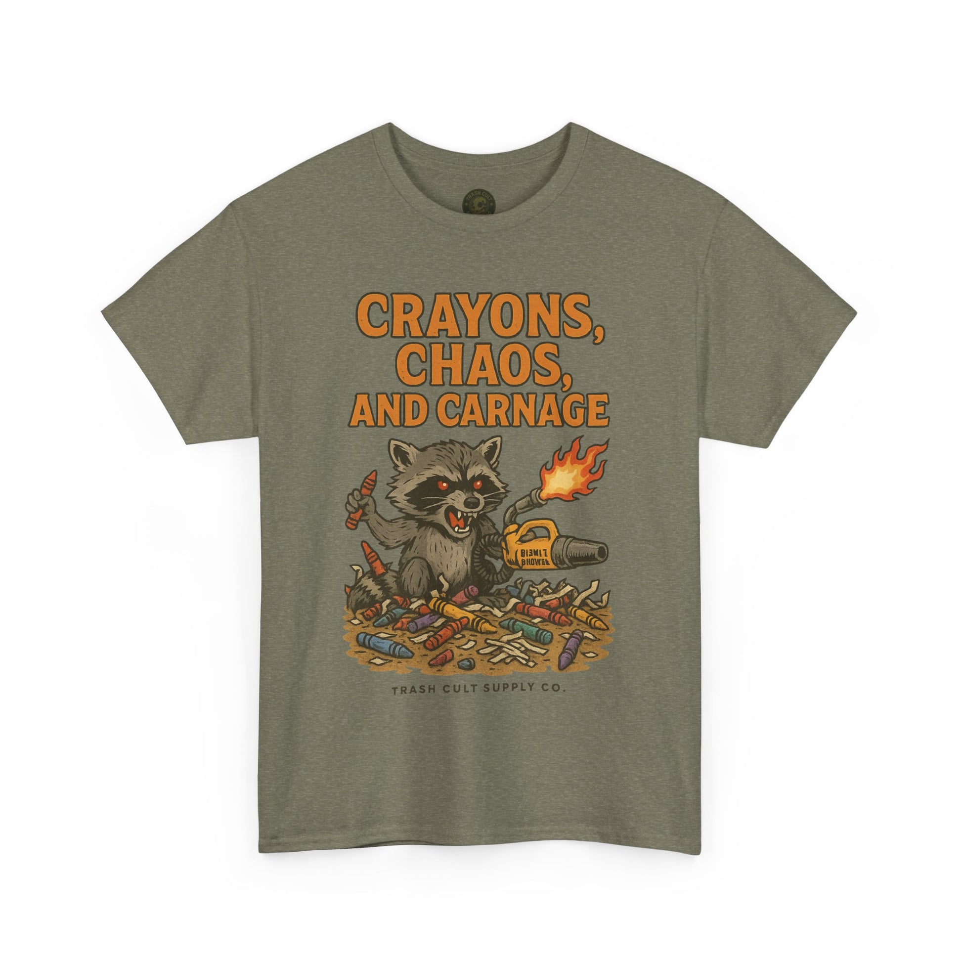 Crayons, Chaos, and Carnage T-Shirt – Dark Humor Raccoon Graphic | Trash Cult Supply Co. | Gildan 5000 Tee