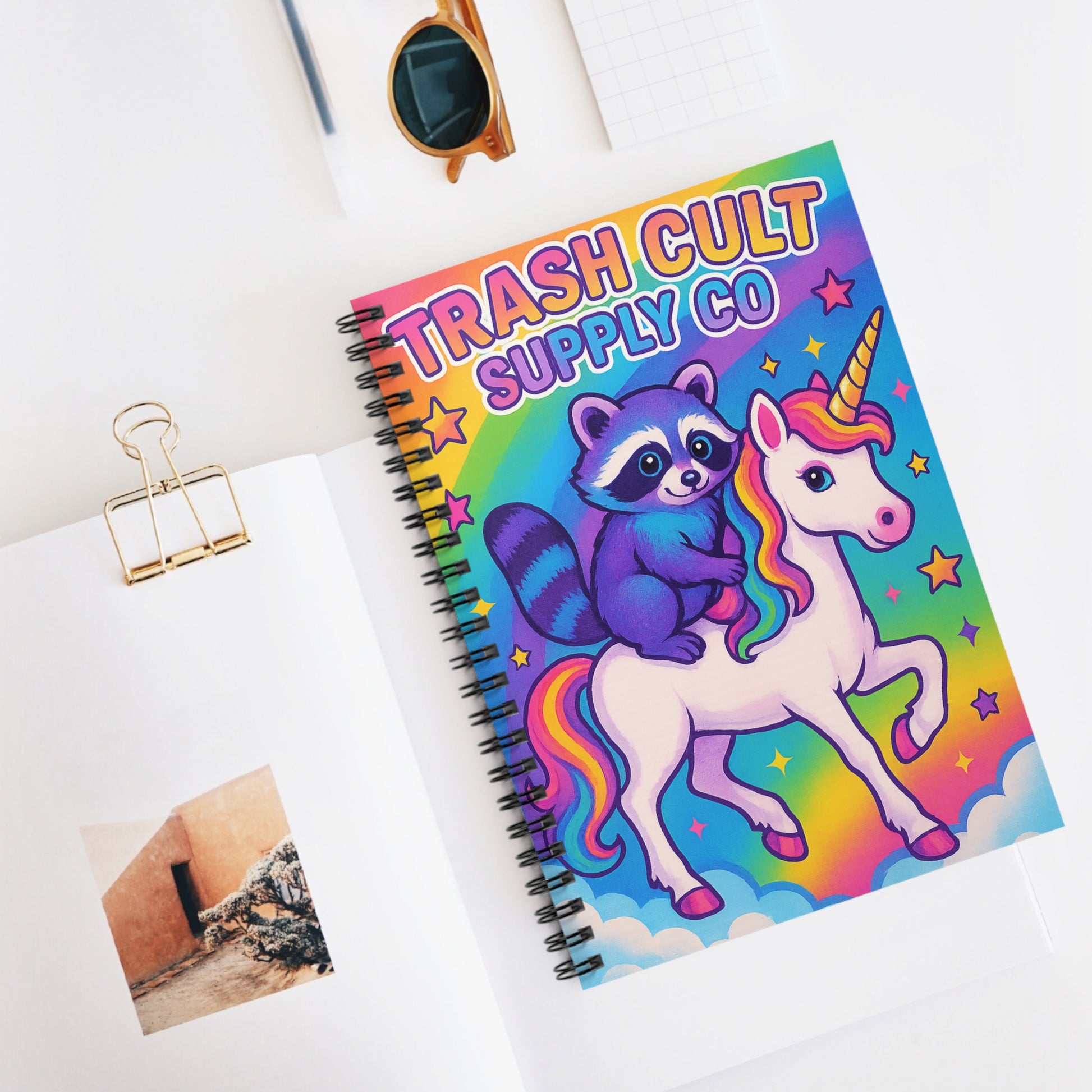 Colorful Unicorn Raccoon Spiral Notebook - Ideal for Kids, Students, Journaling, Gifts, Rainbow Theme, Trash Cult Supply Co
