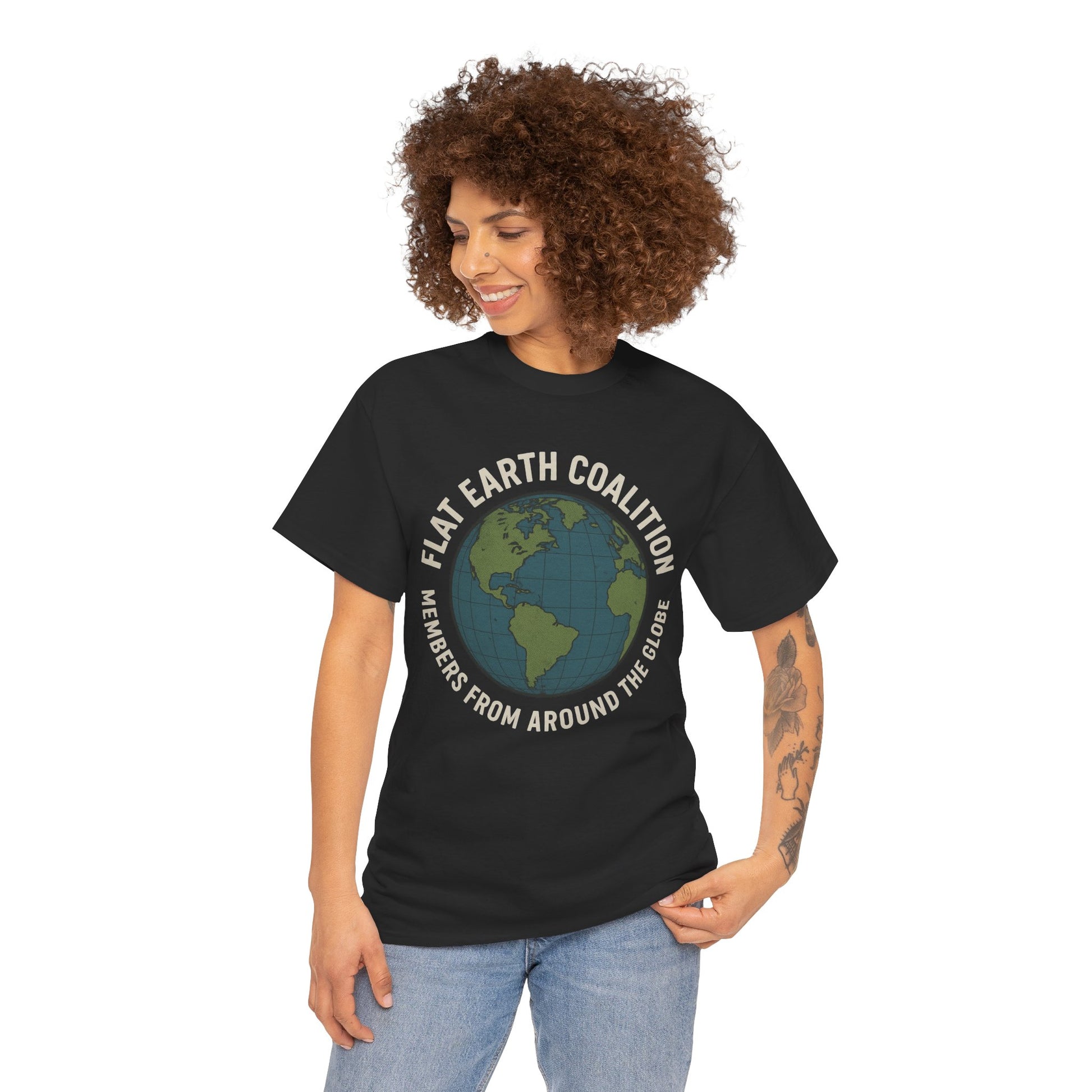 Flat Earth Coalition Funny Globe Parody Shirt – “Members From Around the Globe” Tee – Satirical Conspiracy Theory Humor Tee