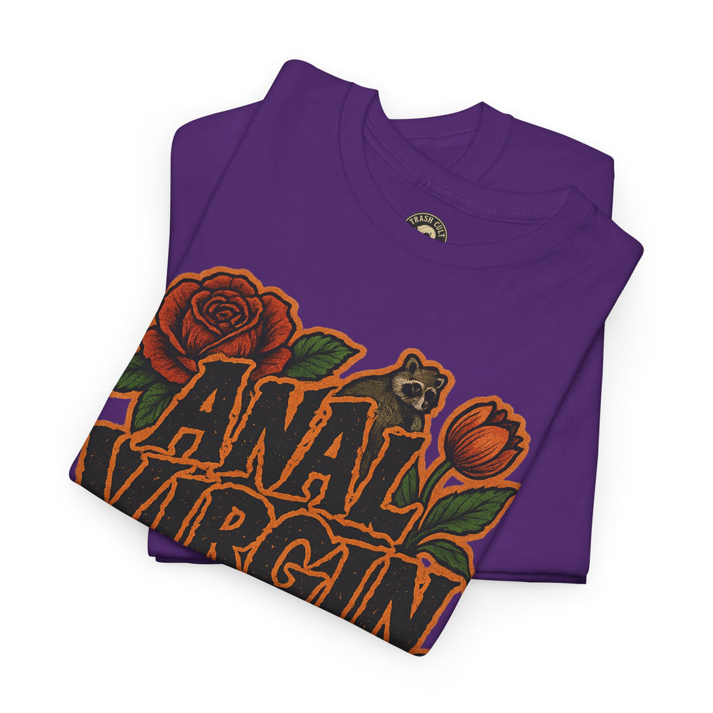 Anal Virgin Bold Floral Trashcore Tee – Funny Raccoon Shirt – Gildan 5000