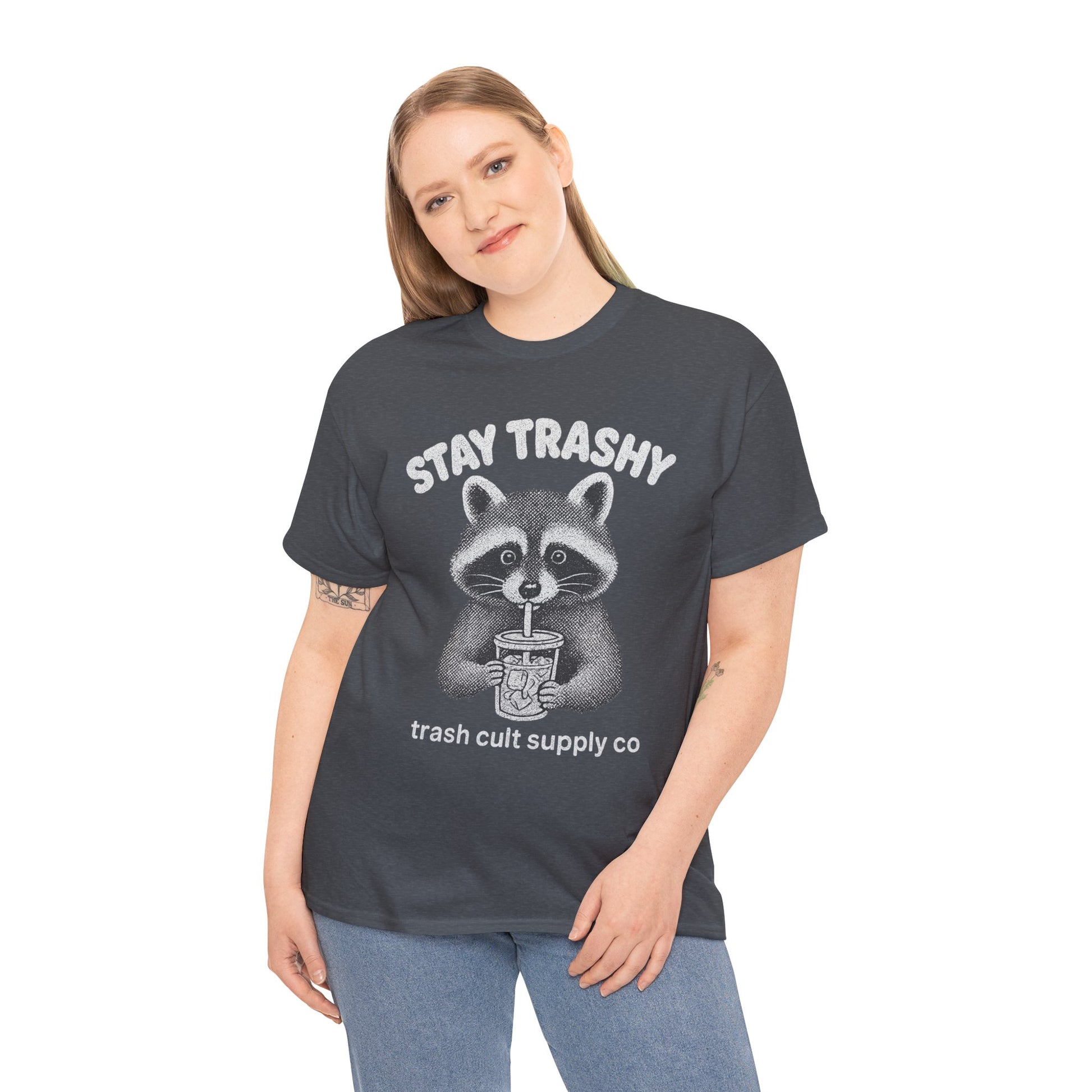 Stay Trashy Raccoon Iced Coffee Shirt – Halftone All White Design | Trash Cult Supply Co.