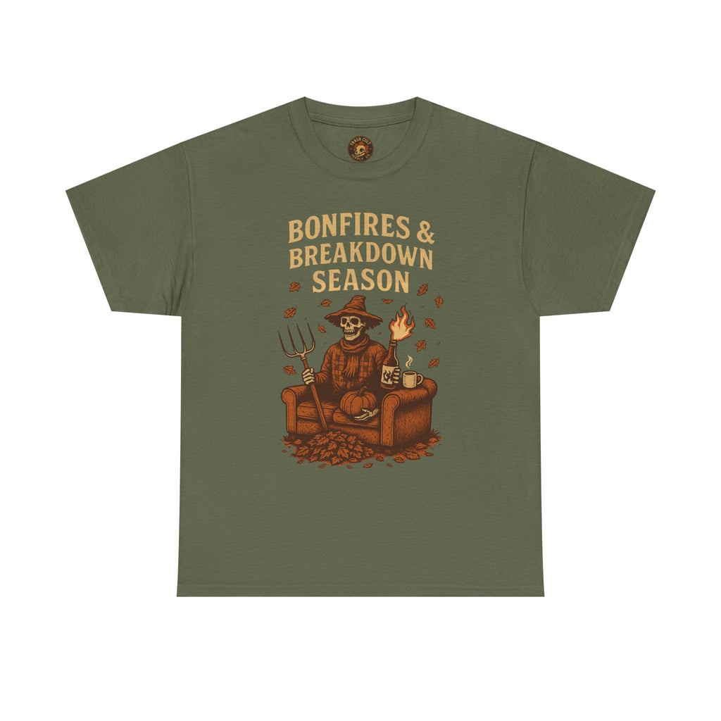 Bonfires & Breakdown Season Shirt – Skeleton Couch Chaos Tee – Fall of Humanity Collection – Trash Cult Supply Co.