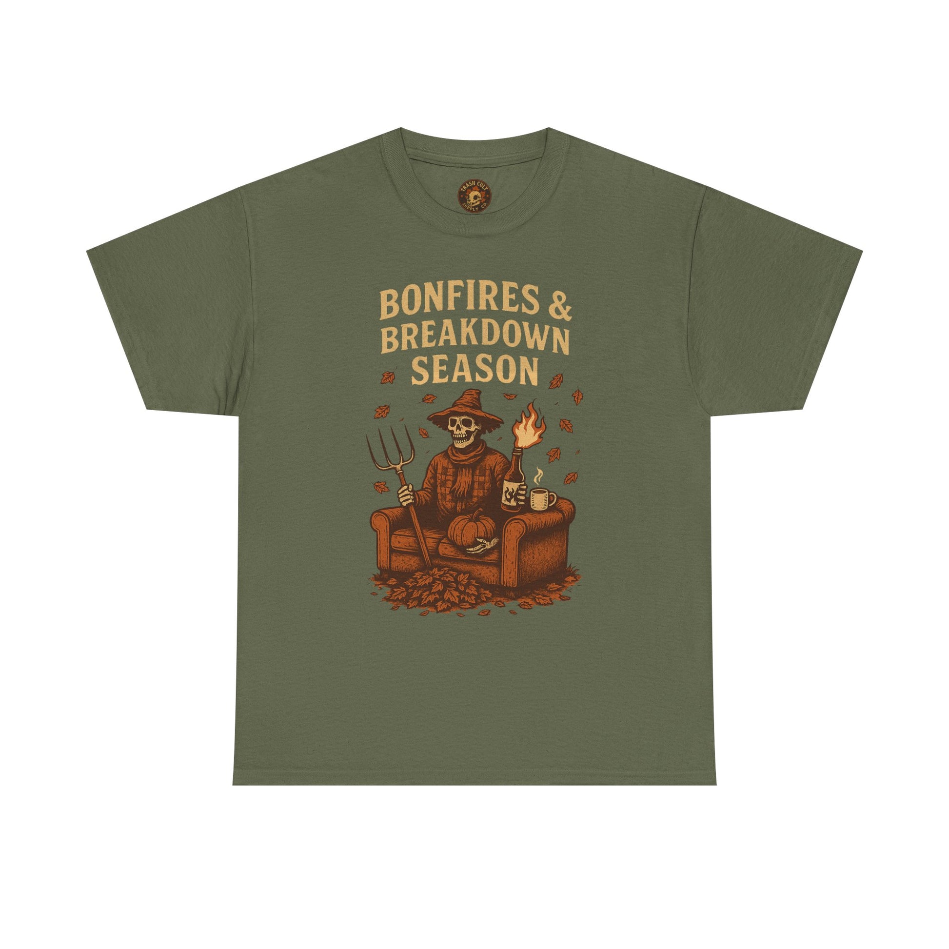 Bonfires & Breakdown Season Shirt – Skeleton Couch Chaos Tee – Fall of Humanity Collection – Trash Cult Supply Co.