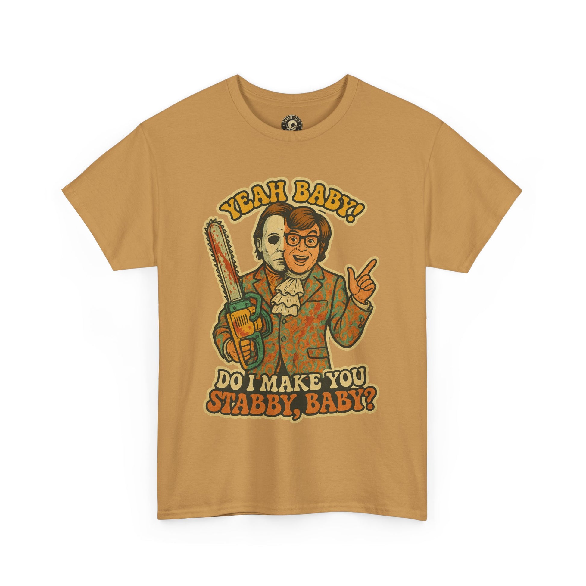 Mike Myers Parody Shirt – “Do I Make You Stabby, Baby?” Funny Horror Mashup Tee – Gildan 5000 Unisex
