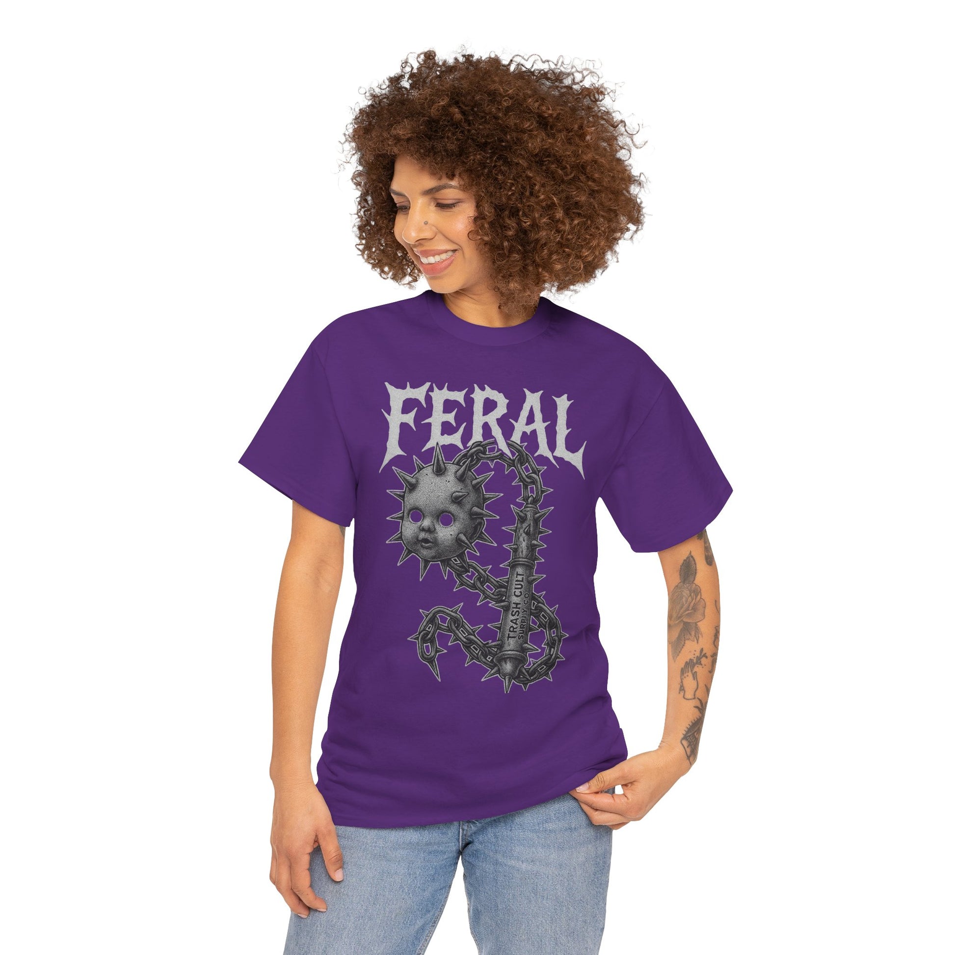 FERAL Spiked Doll Flail Tee – Halftone Gothic Weapon Shirt | Trash Cult Supply Co. | Gildan 5000