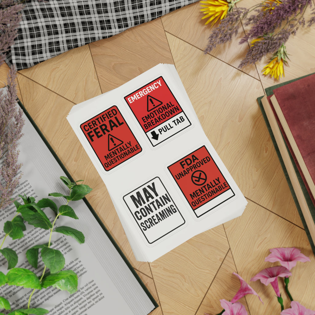 Feral Sticker Sheet Bundle – 10 Bold Mental Health & Chaos-Themed Stickers | Transparent, White & Holographic Vinyl
