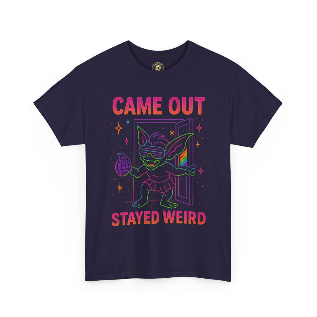 Came Out, Stayed Weird – Neon Gremlin Pride T-Shirt | Gildan Unisex Heavy Cotton Tee | LGBTQ+ Graphic Shirt