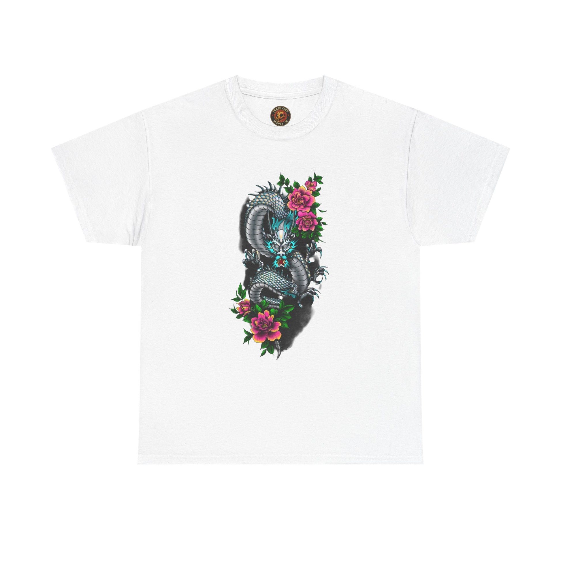 Mythic Dragon & Peonies Tattoo T-Shirt – Lara Davenport x Trash Cult Supply Co. Collab (Gildan 5000)