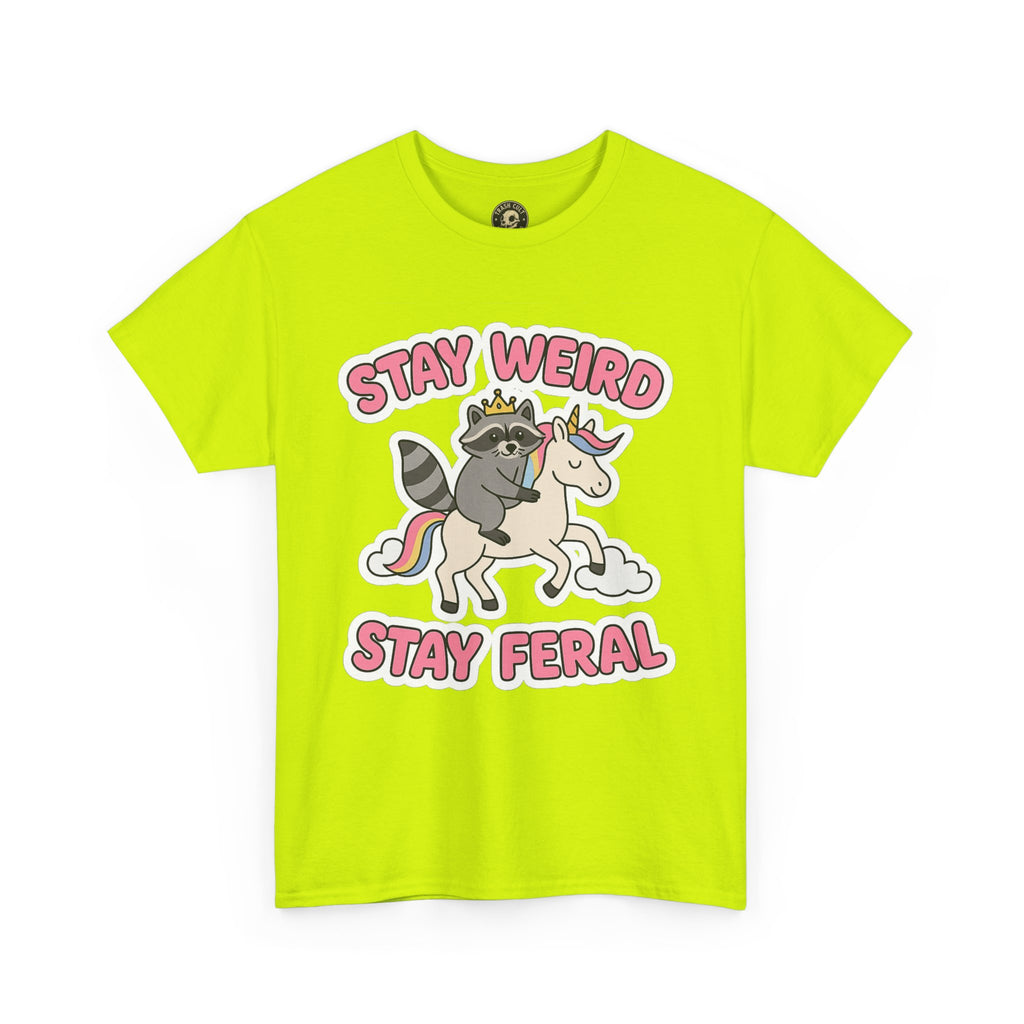 Stay Weird Stay Feral Shirt – Raccoon & Unicorn – High Visibility Gildan 5000 Tee