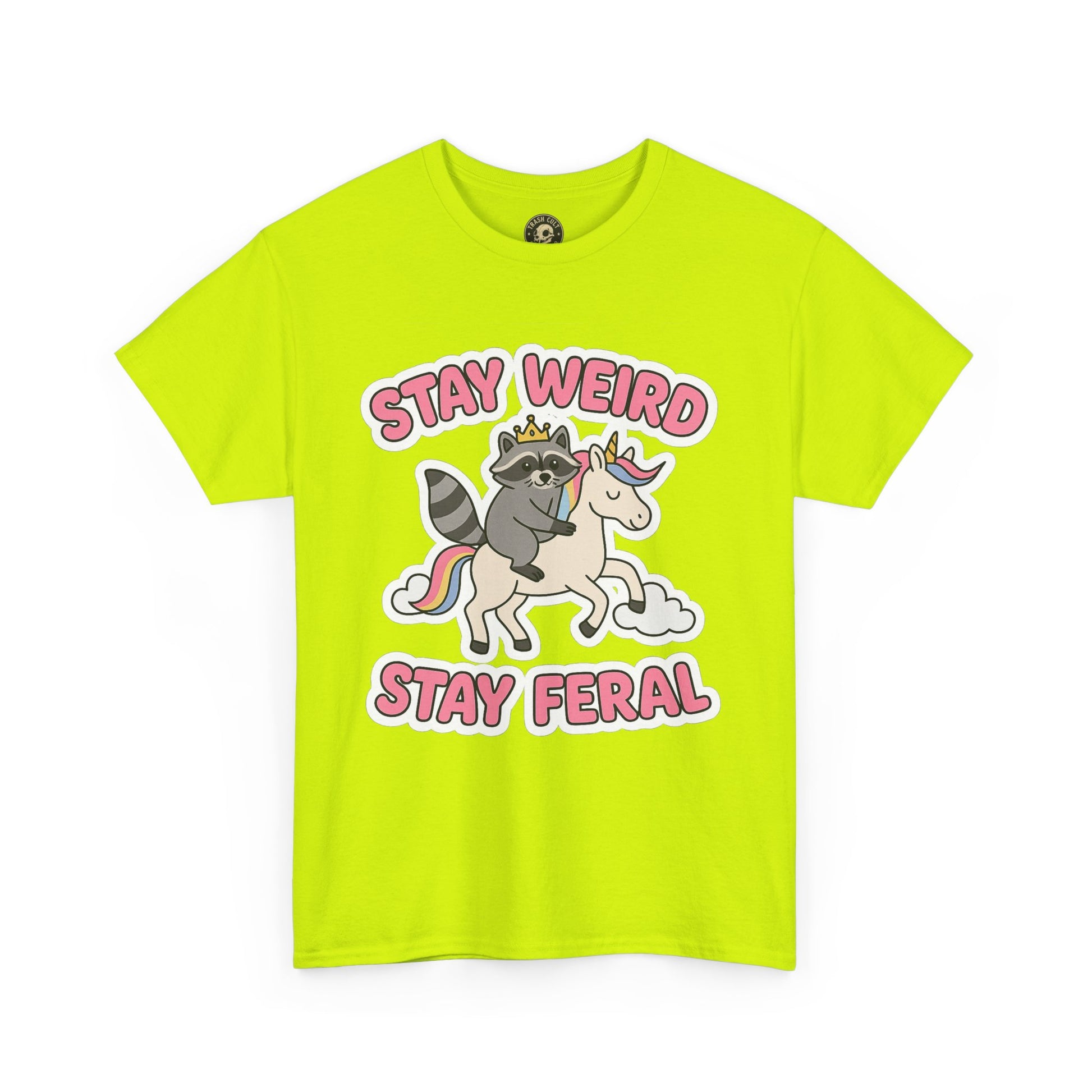 Stay Weird Stay Feral Shirt – Raccoon & Unicorn – High Visibility Gildan 5000 Tee