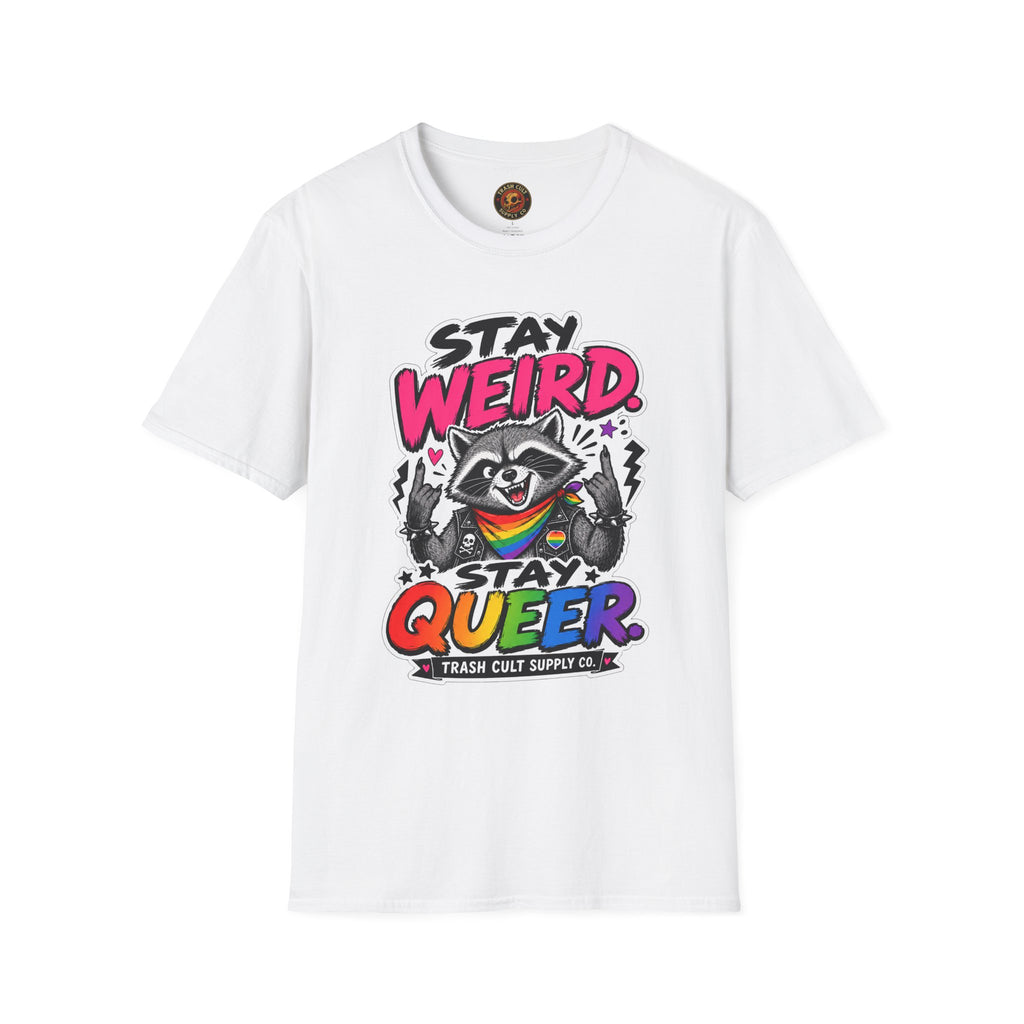 T-Shirt — "Stay Weird" Pride Raccoon Tee (Stay Queer)