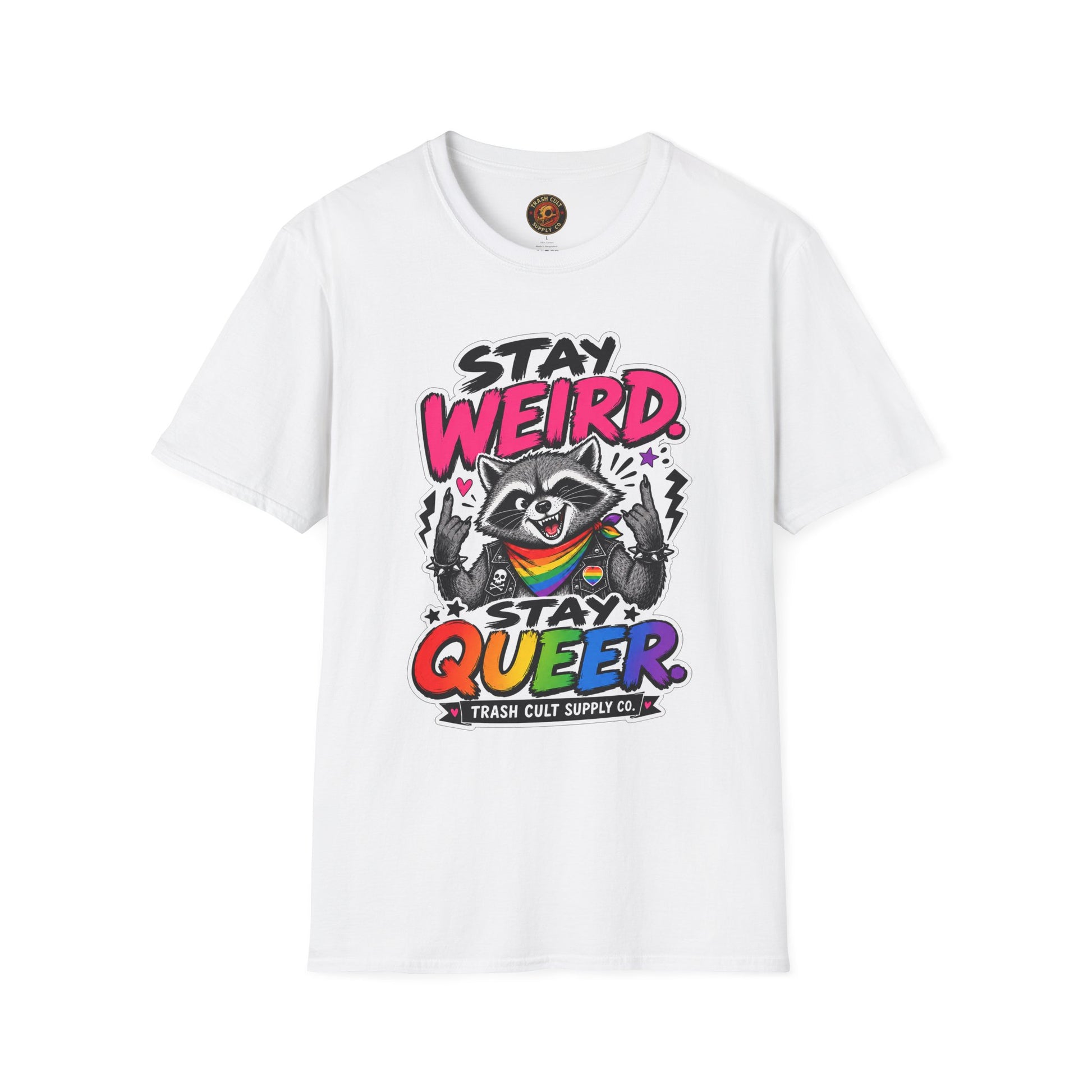 T-Shirt — "Stay Weird" Pride Raccoon Tee (Stay Queer)
