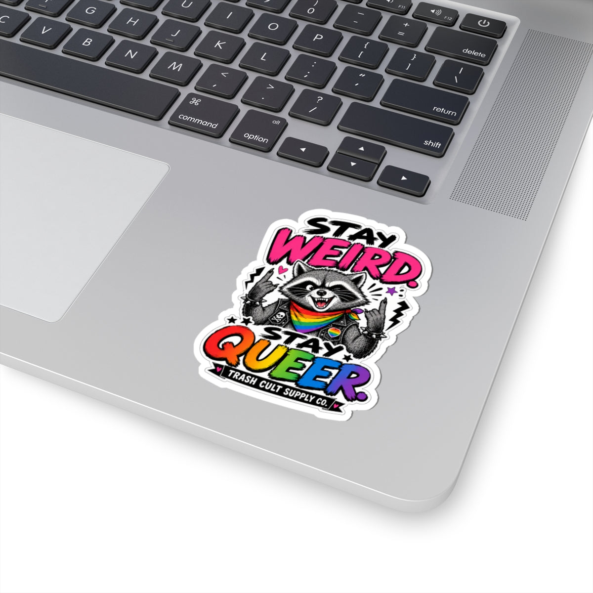 Stay Weird Stay Queer Sticker — Rainbow Raccoon LGBTQ Pride Kiss-Cut Sticker