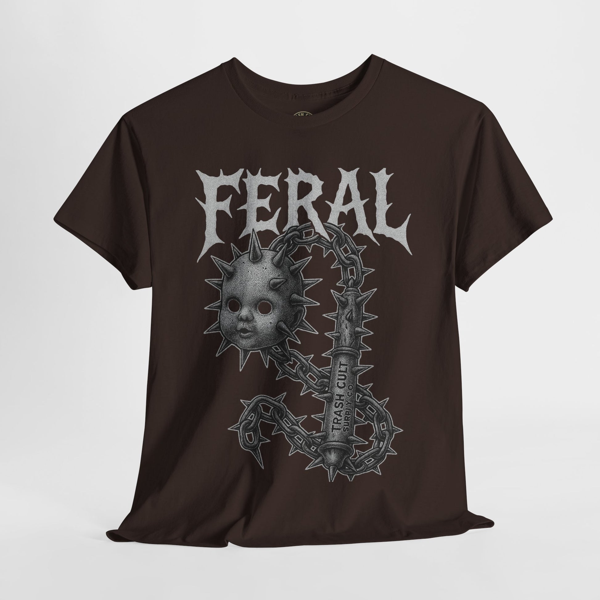 FERAL Spiked Doll Flail Tee – Halftone Gothic Weapon Shirt | Trash Cult Supply Co. | Gildan 5000
