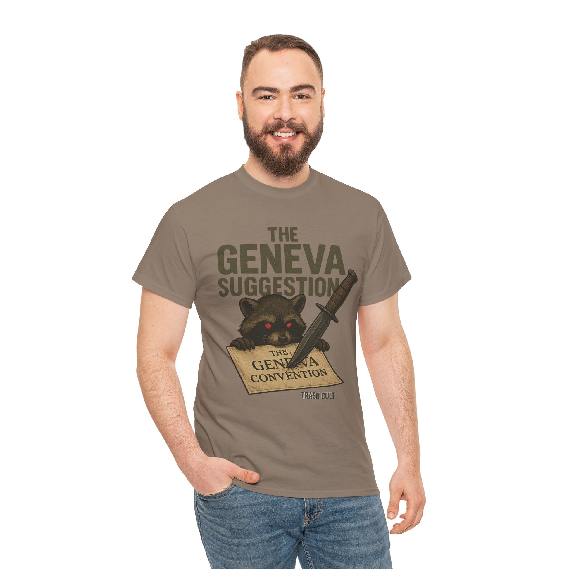 The Geneva Suggestion T-Shirt – Tactical Raccoon Dark Humor Tee | Trash Cult Supply Co. | Gildan 5000