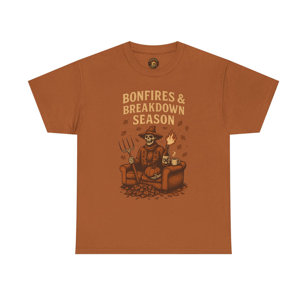 Bonfires & Breakdown Season Shirt – Skeleton Couch Chaos Tee – Fall of Humanity Collection – Trash Cult Supply Co.