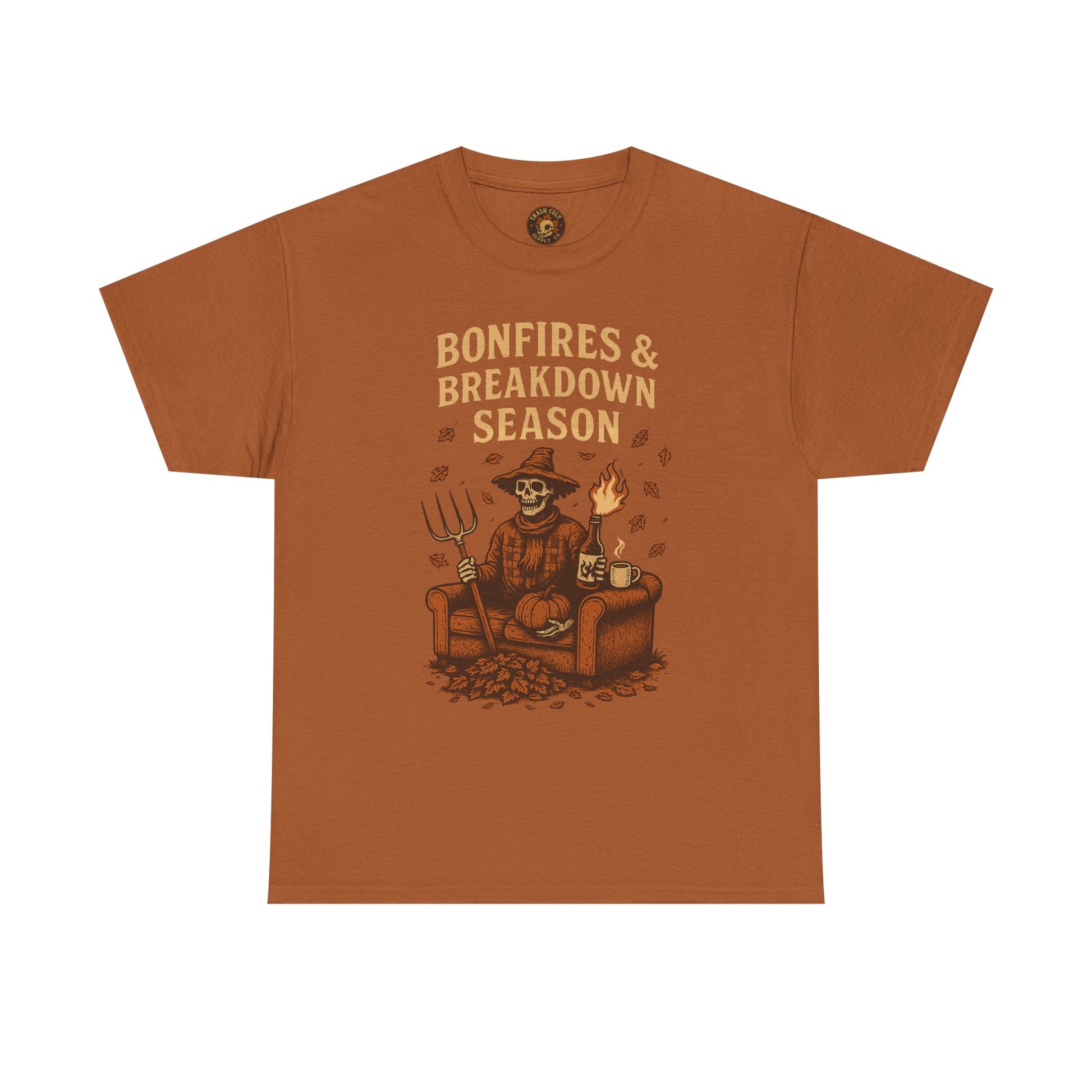 Bonfires & Breakdown Season Shirt – Skeleton Couch Chaos Tee – Fall of Humanity Collection – Trash Cult Supply Co.
