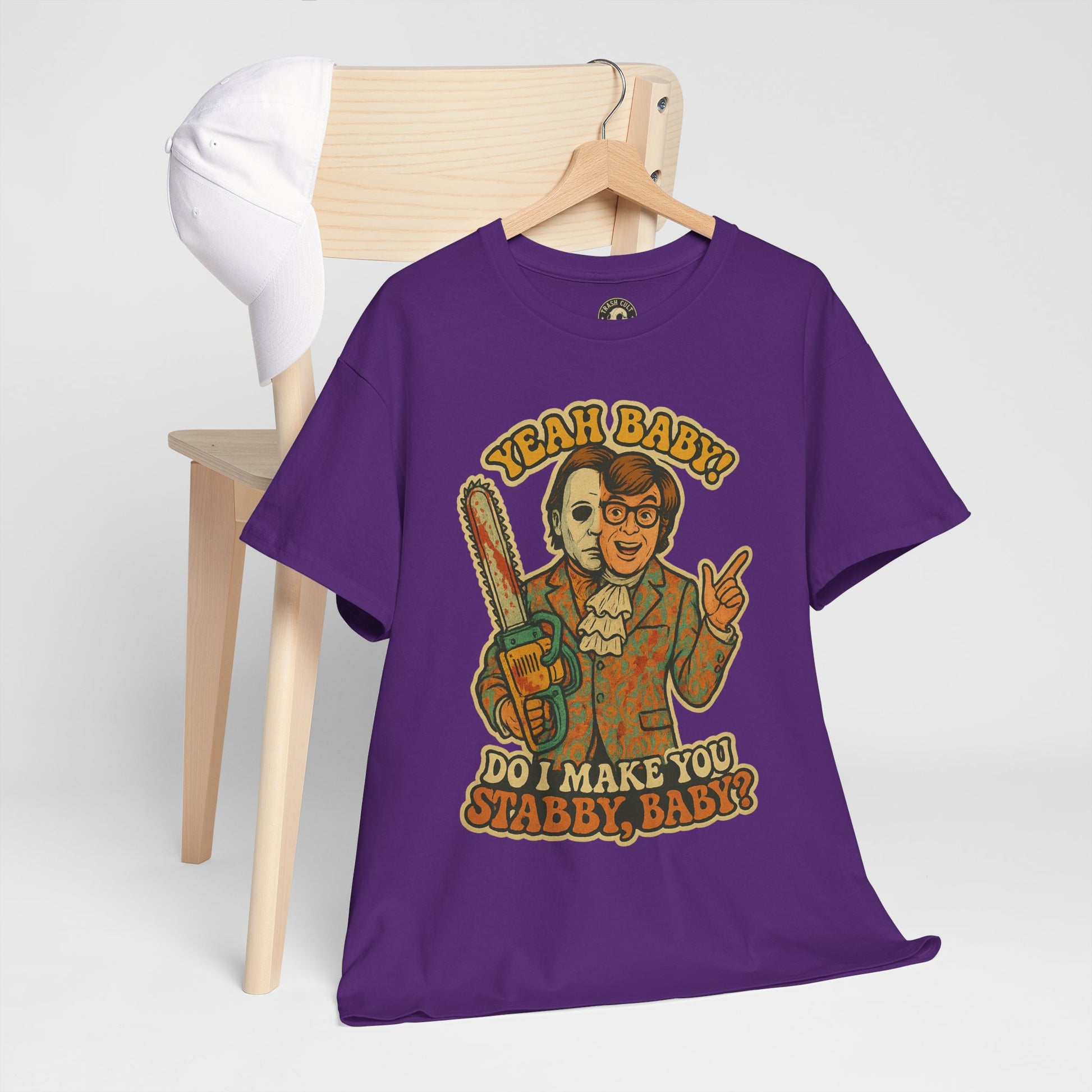 Mike Myers Parody Shirt – “Do I Make You Stabby, Baby?” Funny Horror Mashup Tee – Gildan 5000 Unisex