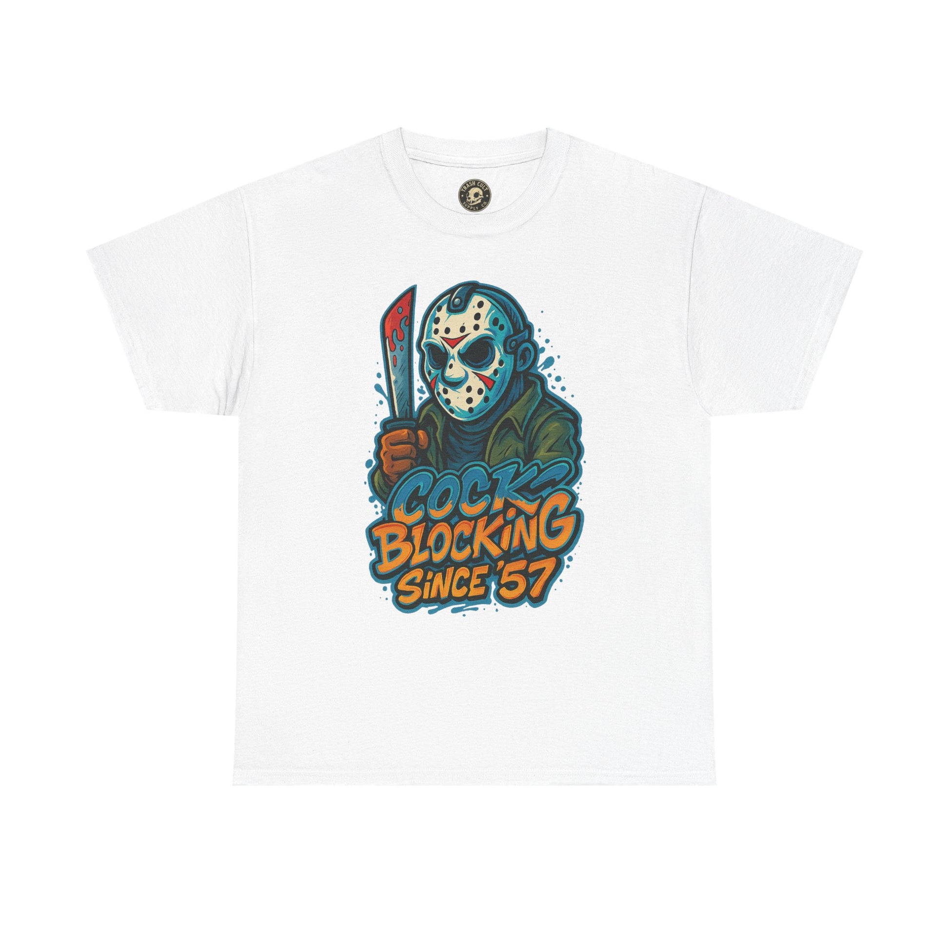 Jason Voorhees “Cock Blocking Since ’57” Funny Horror T-Shirt – Gildan 5000 | Slasher Meme Graphic Tee