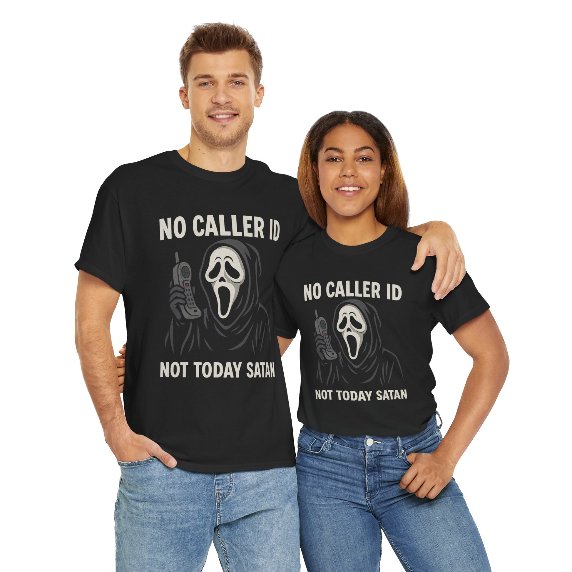 “No Caller ID Not Today Satan” Ghostface Parody Shirt – Funny Horror Graphic Tee – Gildan 5000
