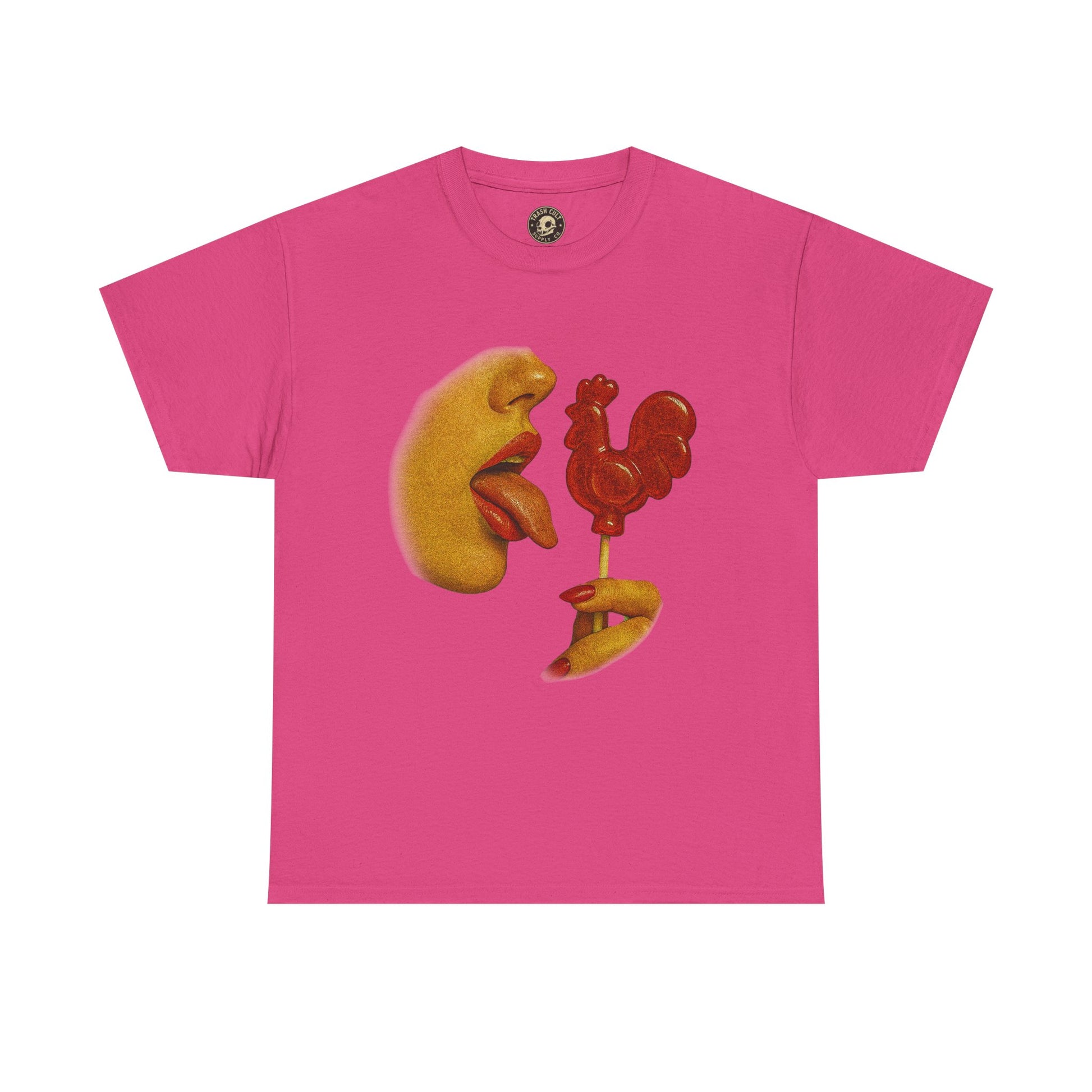 Bold Retro Halftone Tease – Red Rooster Lollipop Graphic Tee
