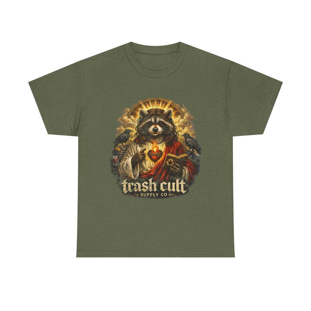 Raccoon Saint Graphic Tee — “Trash Cult” Vintage Devotional Design