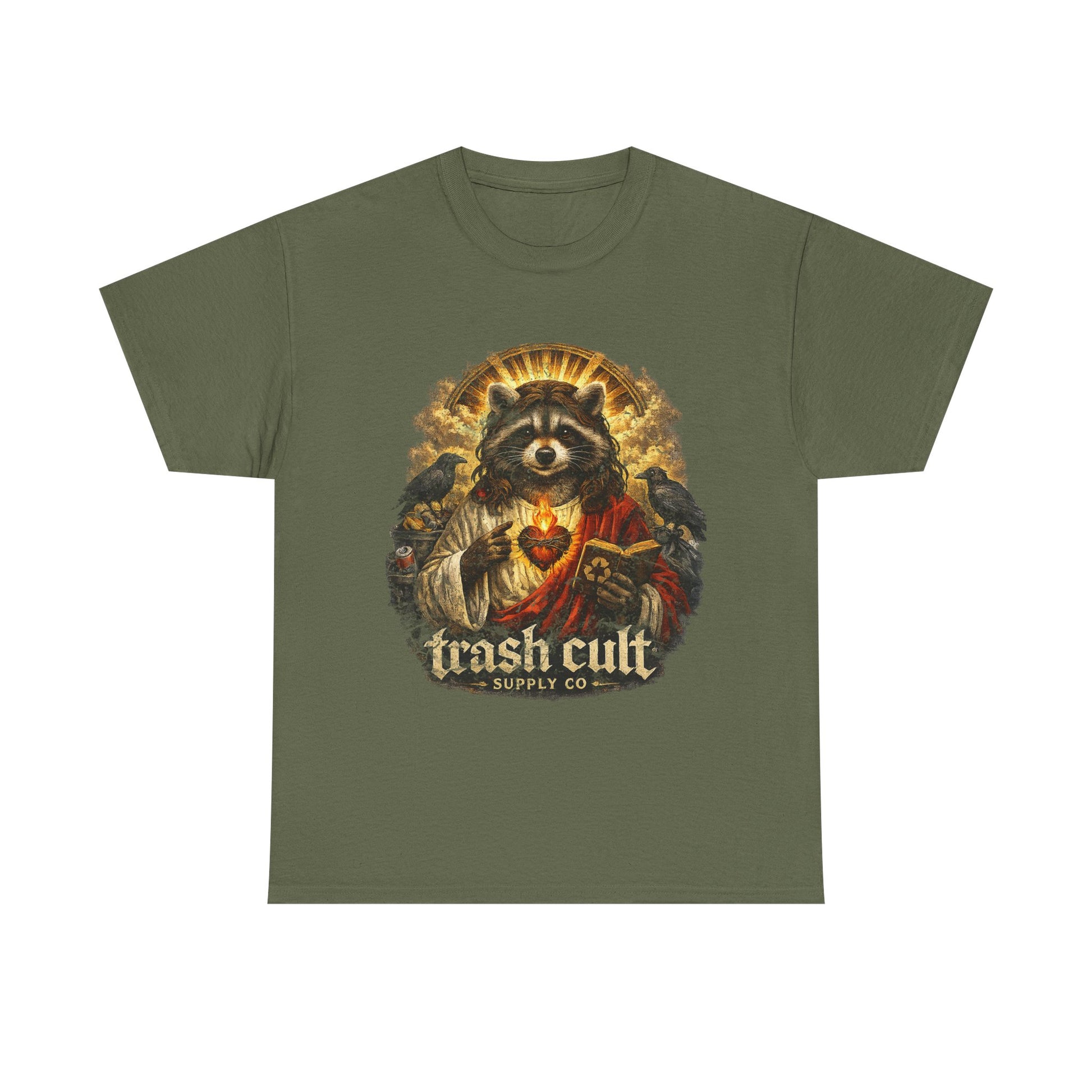 Raccoon Saint Graphic Tee — “Trash Cult” Vintage Devotional Design