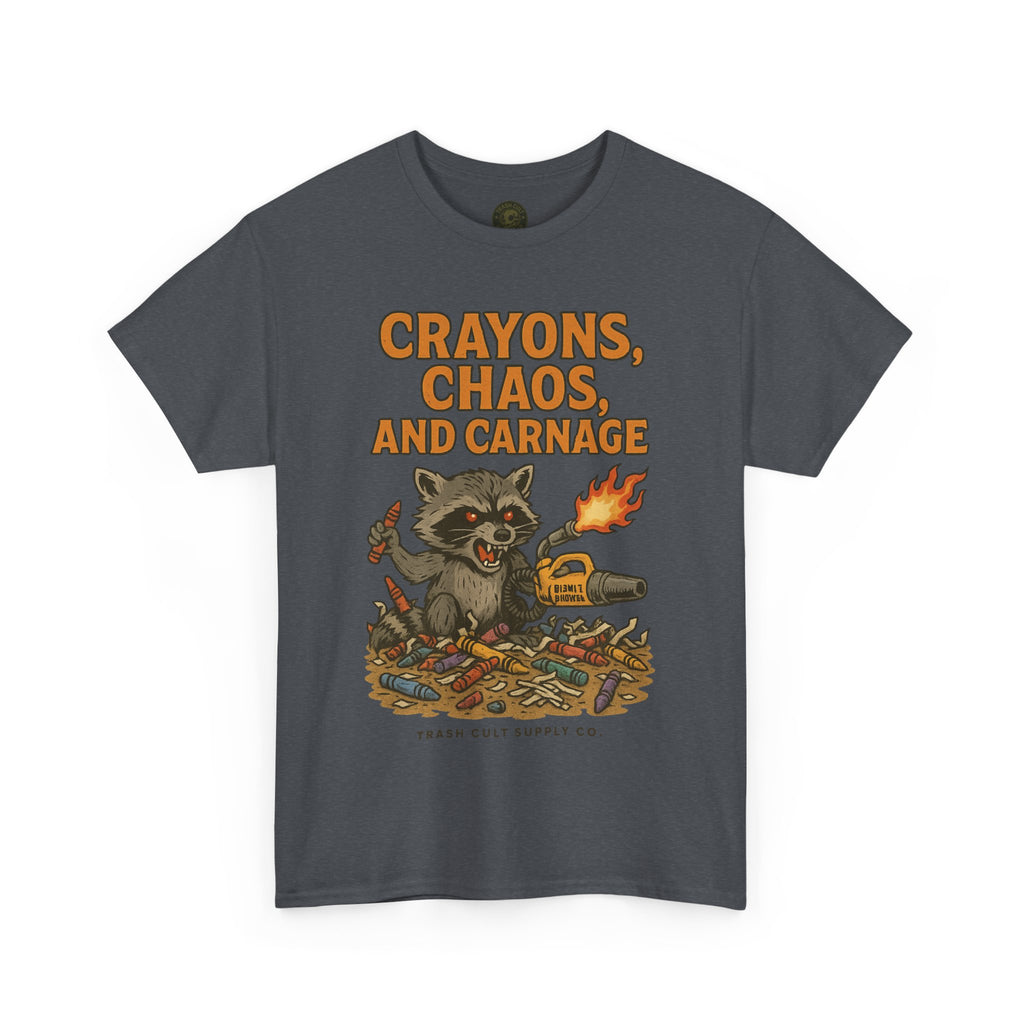 Crayons, Chaos, and Carnage T-Shirt – Dark Humor Raccoon Graphic | Trash Cult Supply Co. | Gildan 5000 Tee