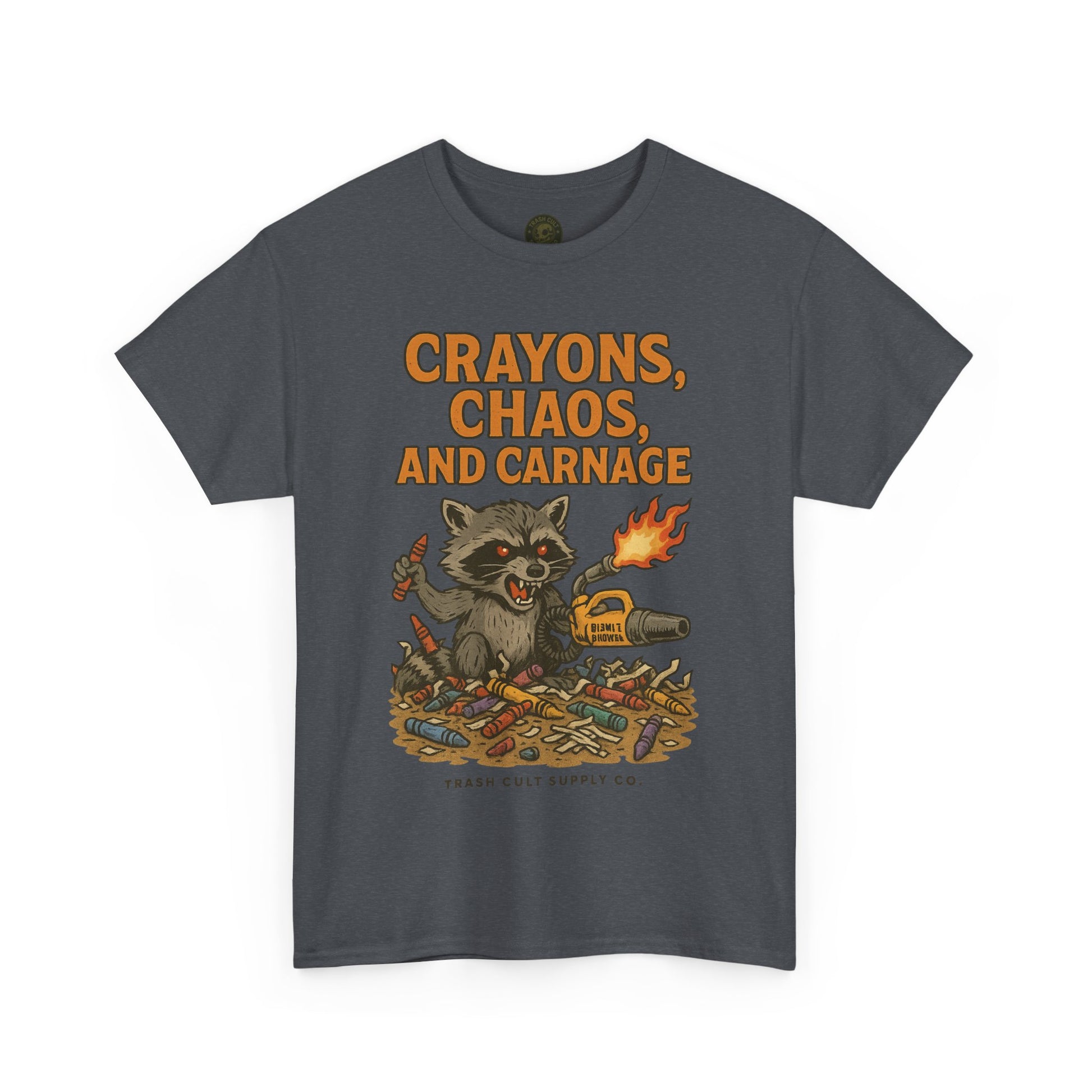 Crayons, Chaos, and Carnage T-Shirt – Dark Humor Raccoon Graphic | Trash Cult Supply Co. | Gildan 5000 Tee