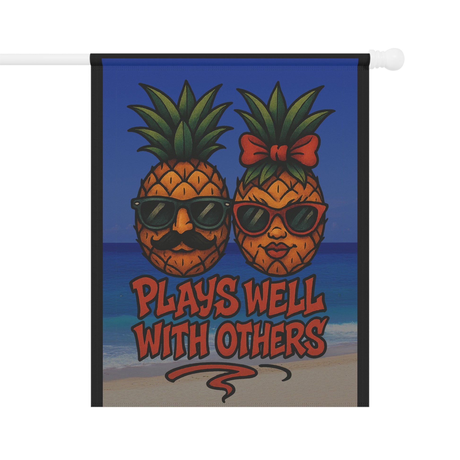 Funny Upside Down Pineapple Garden Flag – “Plays Well With Others” Tropical Banner – New School Tattoo Style
