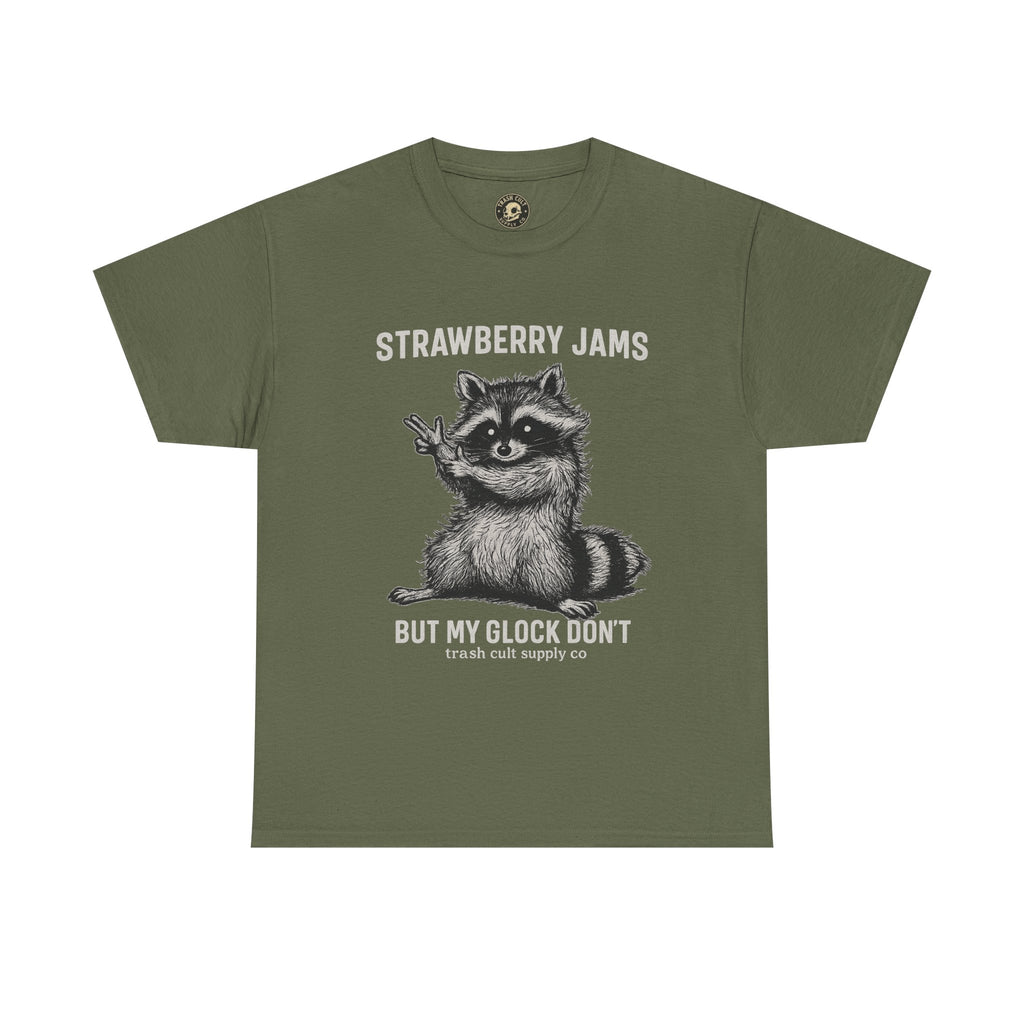 Strawberry Jams But My Glock Don’t Raccoon Shirt – Trash Cult Supply Co. Gildan 5000 Tee