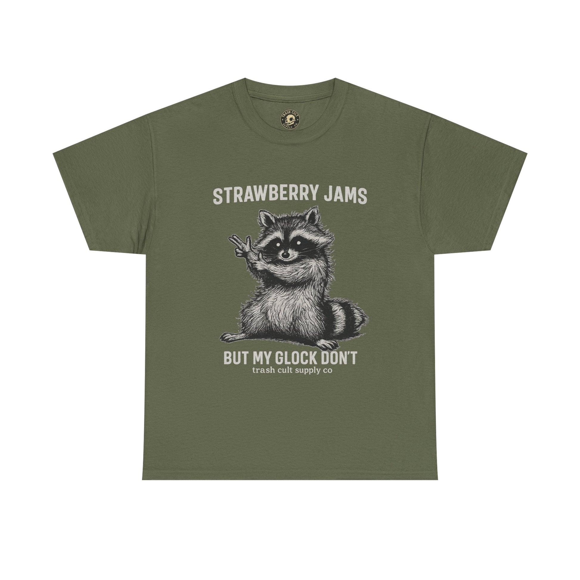 Strawberry Jams But My Glock Don’t Raccoon Shirt – Trash Cult Supply Co. Gildan 5000 Tee